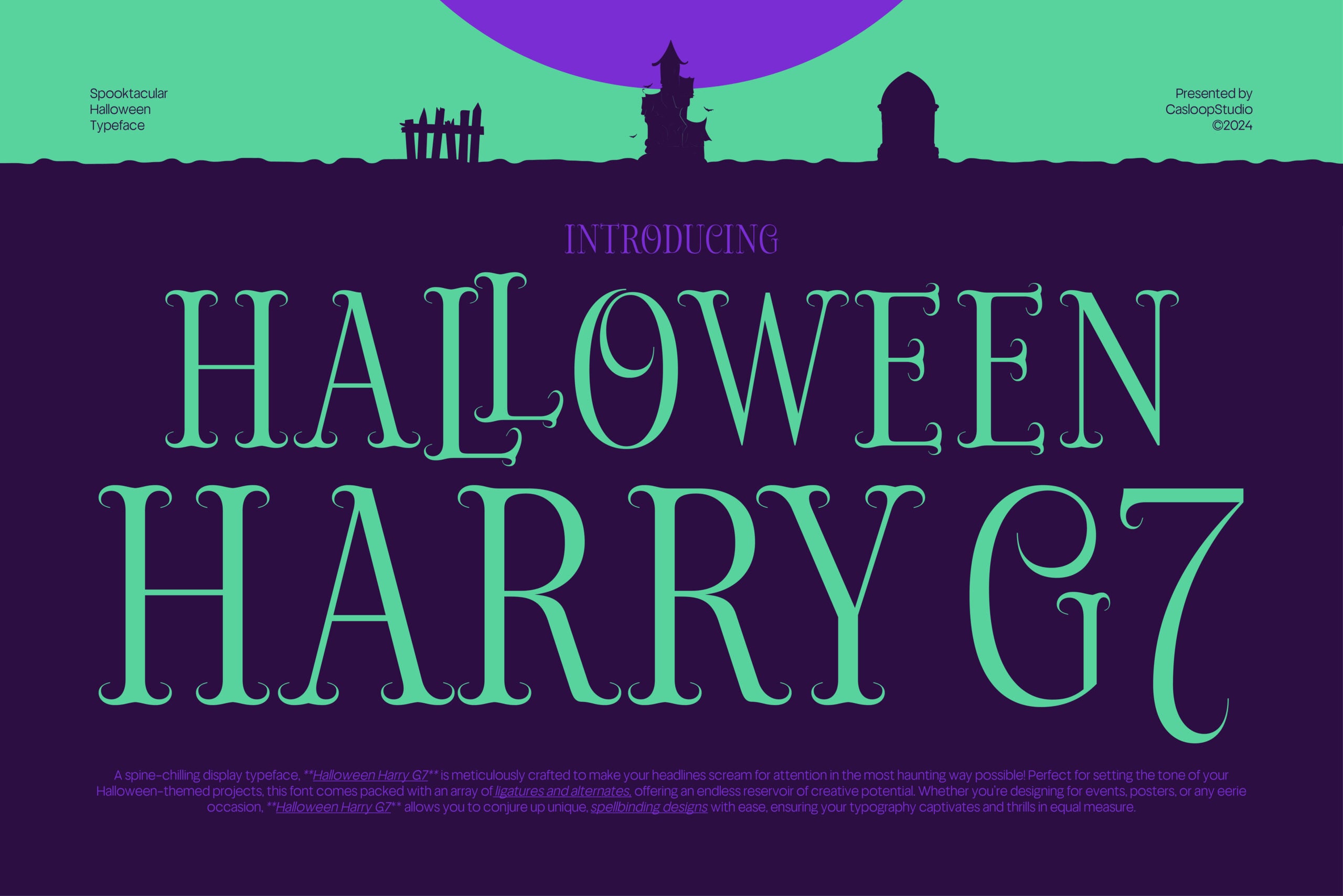 Halloween Harry G7 typeface in mint green on dark purple with spooky silhouettes