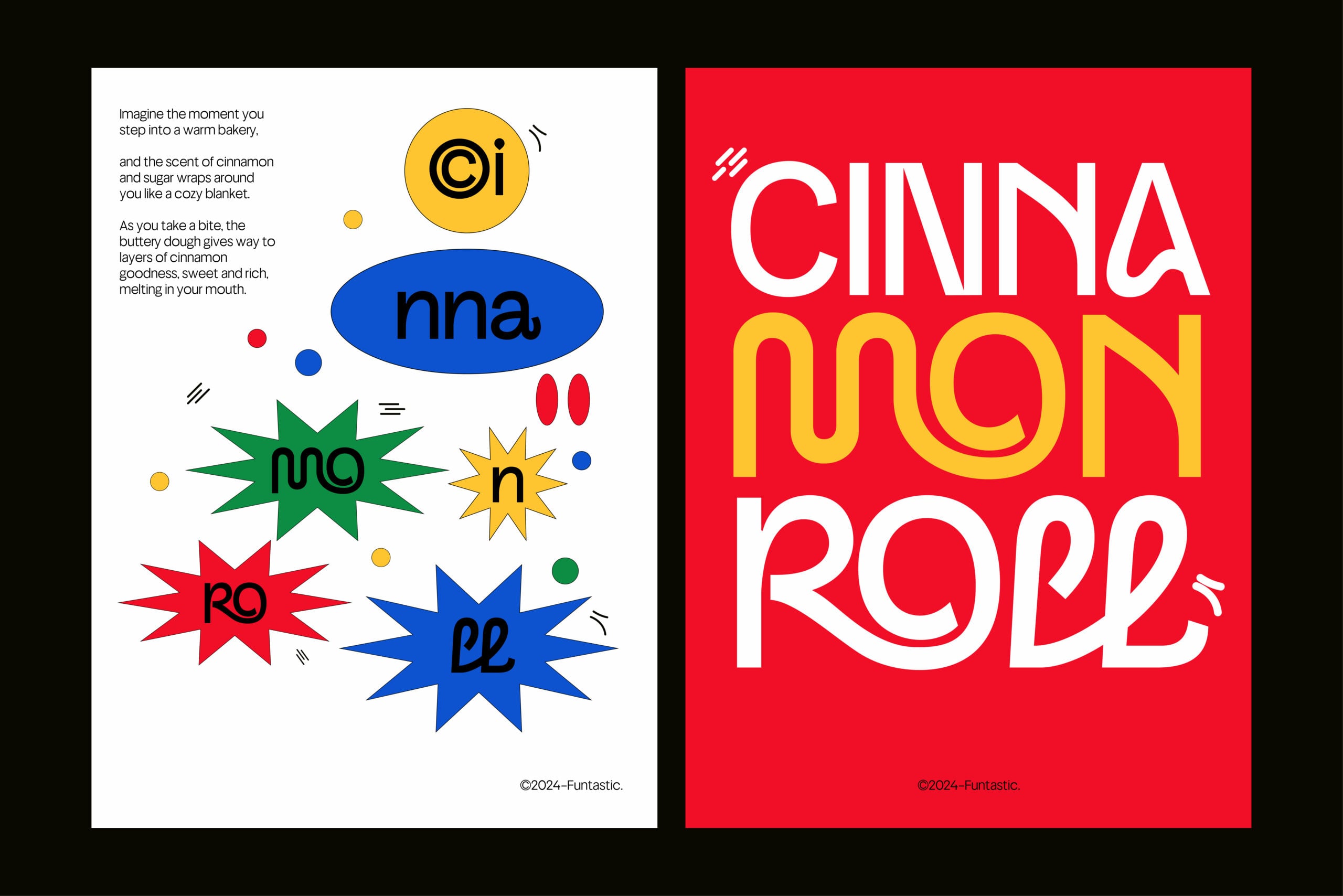 Left poster shows cinnamon roll typography with colorful burst shapes, right has bold red background with stacked text design
