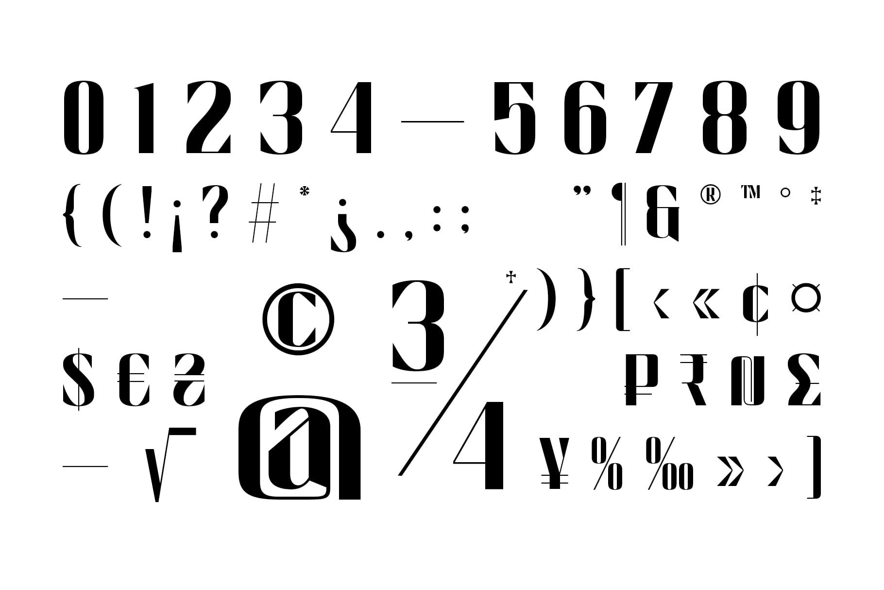 Serif font character set showing numbers, punctuation, symbols, currency signs, ligatures