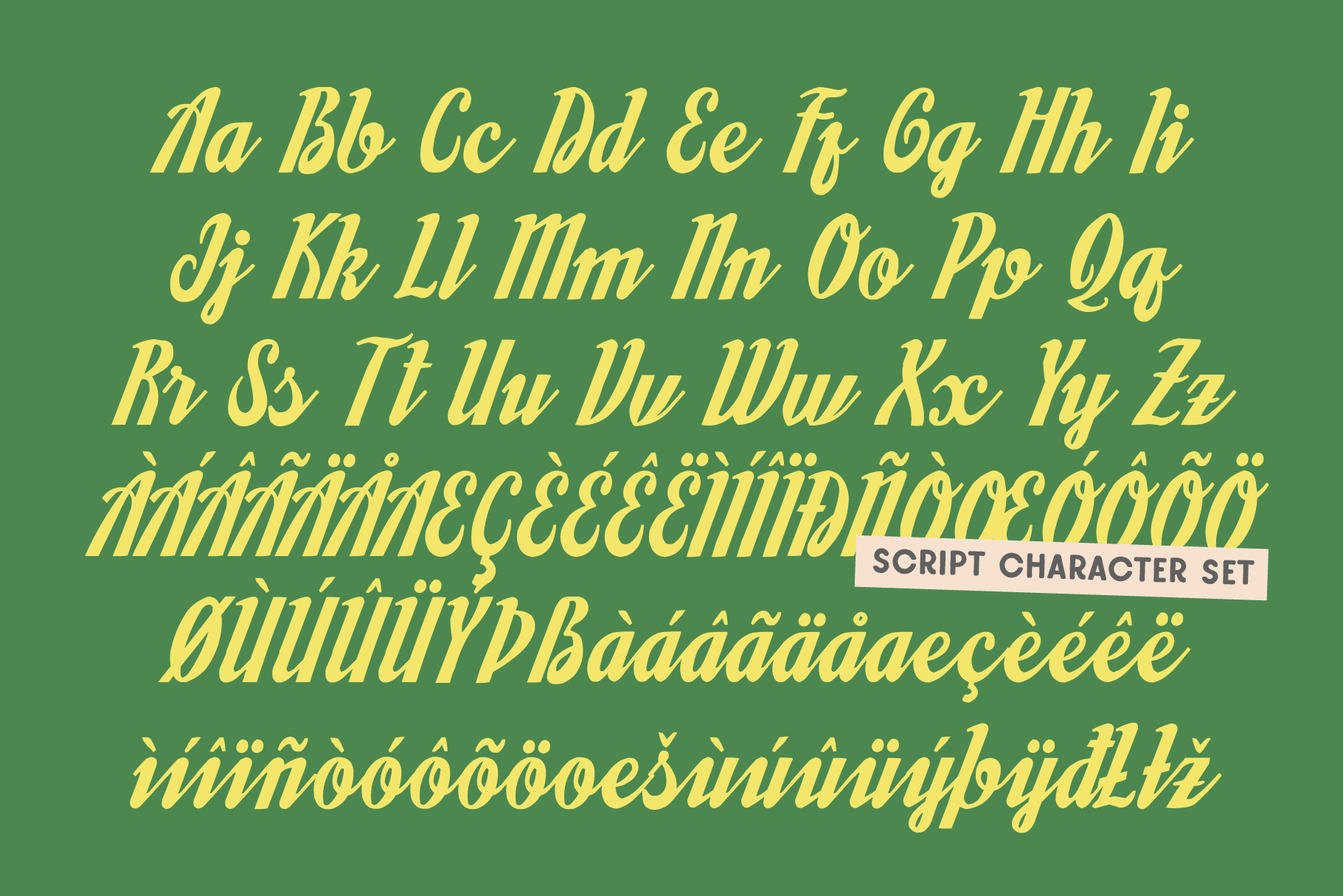 Elegant yellow script font with full character set on green background