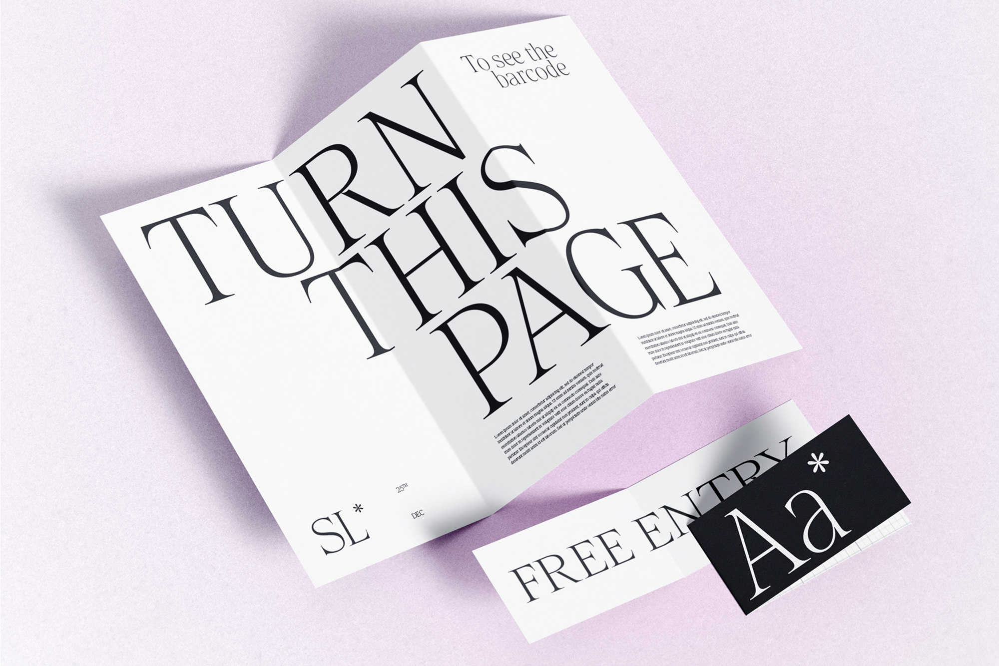 Open magazine spread with serif typography on lavender background plus business cards
