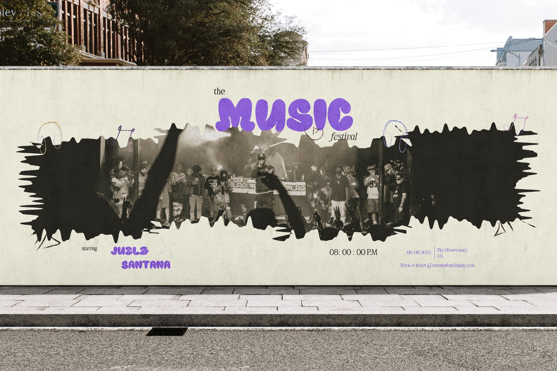 Music festival billboard mockup with purple organic lettering on urban wall
