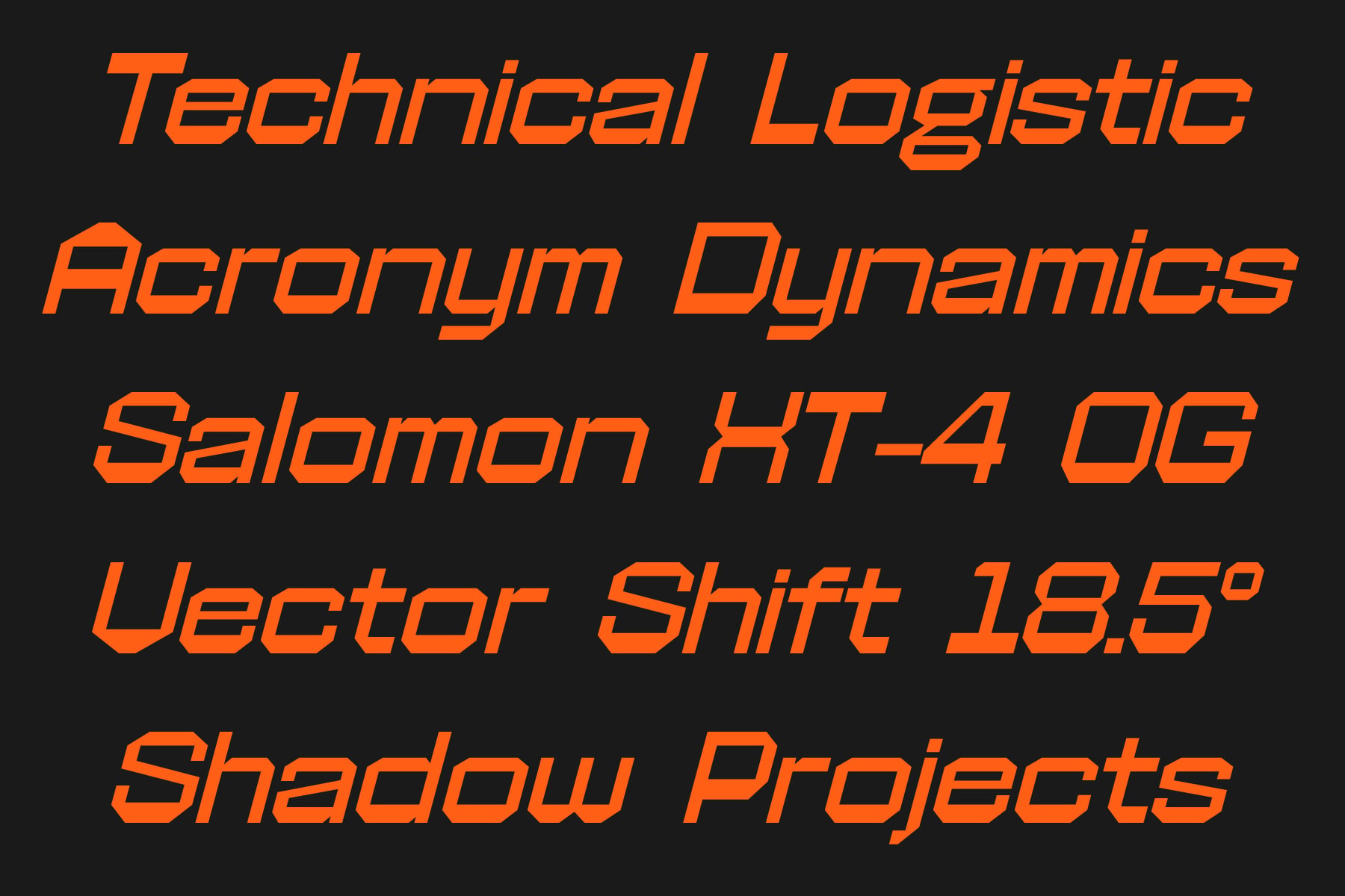 Bold orange italic typeface displaying tech-inspired font names on dark background