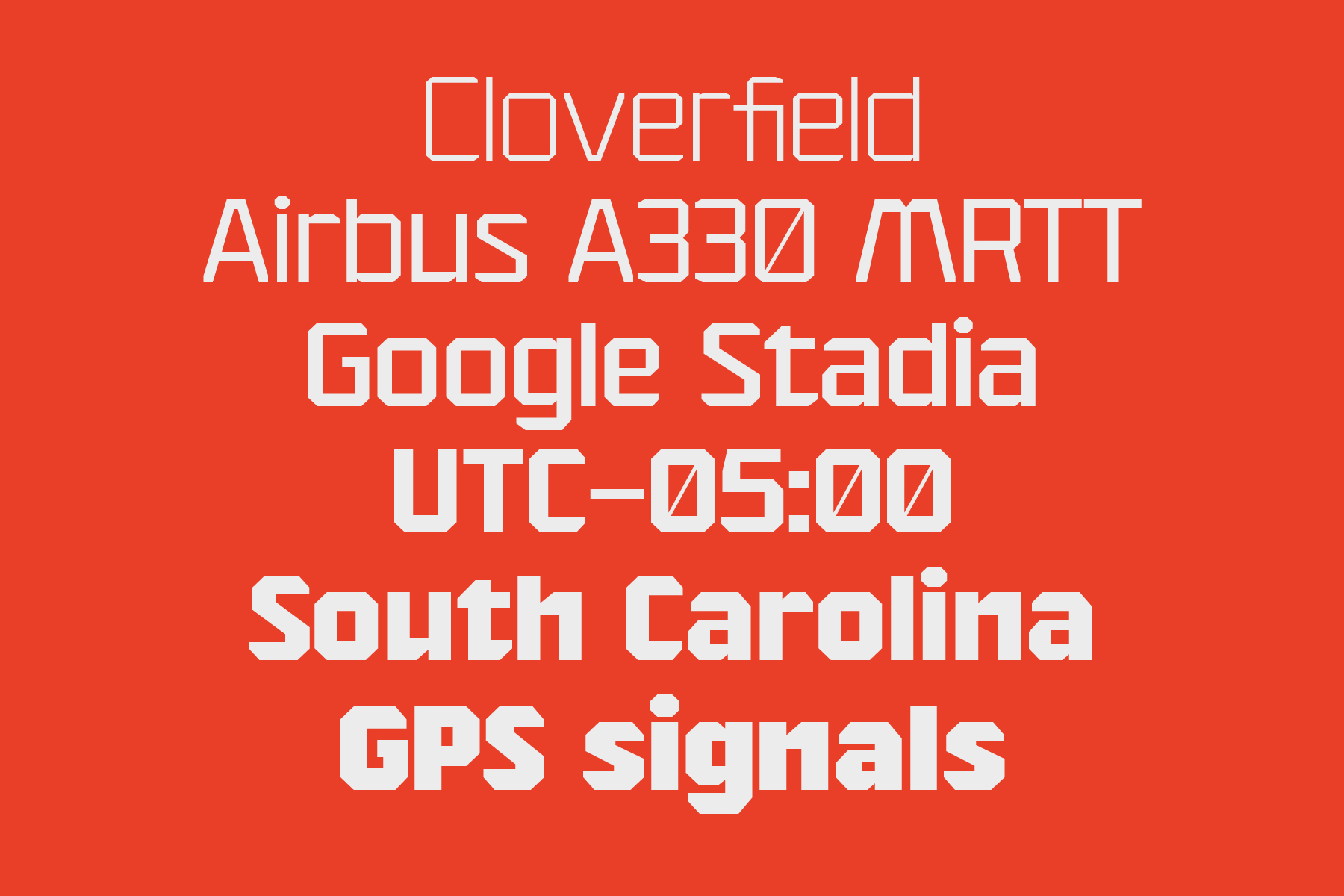 Bold white sans serif font stacked on bright red background with location data text