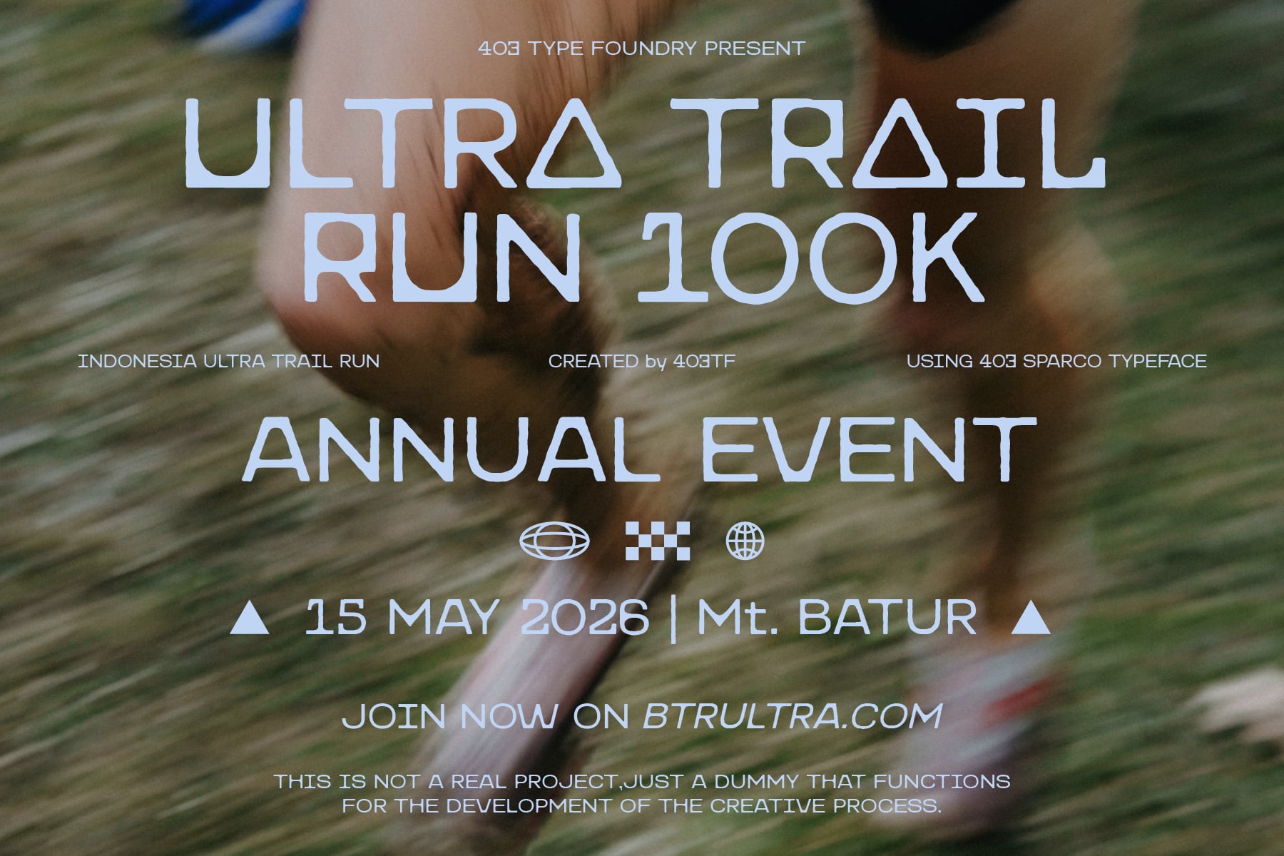 Ultra trail run event poster overlay with geometric icons, date, location details on blurred outdoor background
