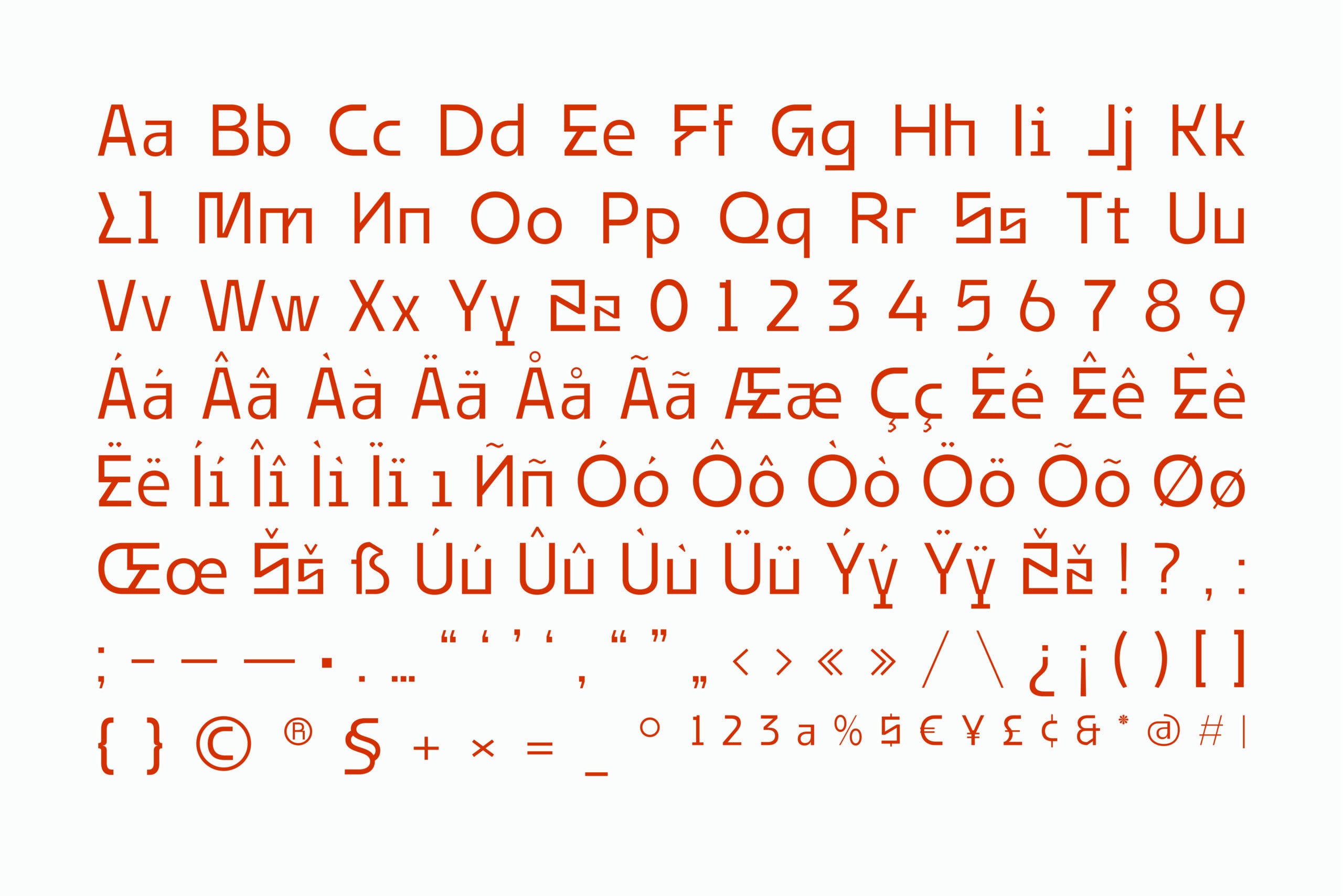 Bright red sans serif typeface showing full character set with accents, numbers, symbols, punctuation