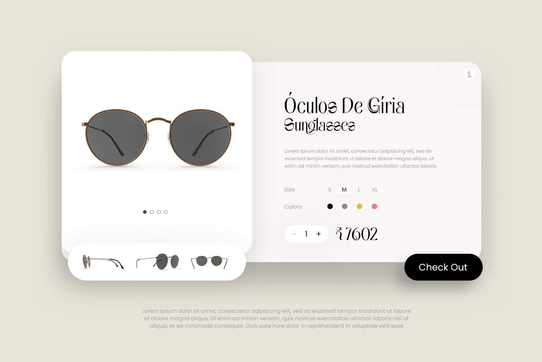 Round frame sunglasses mockup with bronze metal arms, dark lenses, multiple color options shown