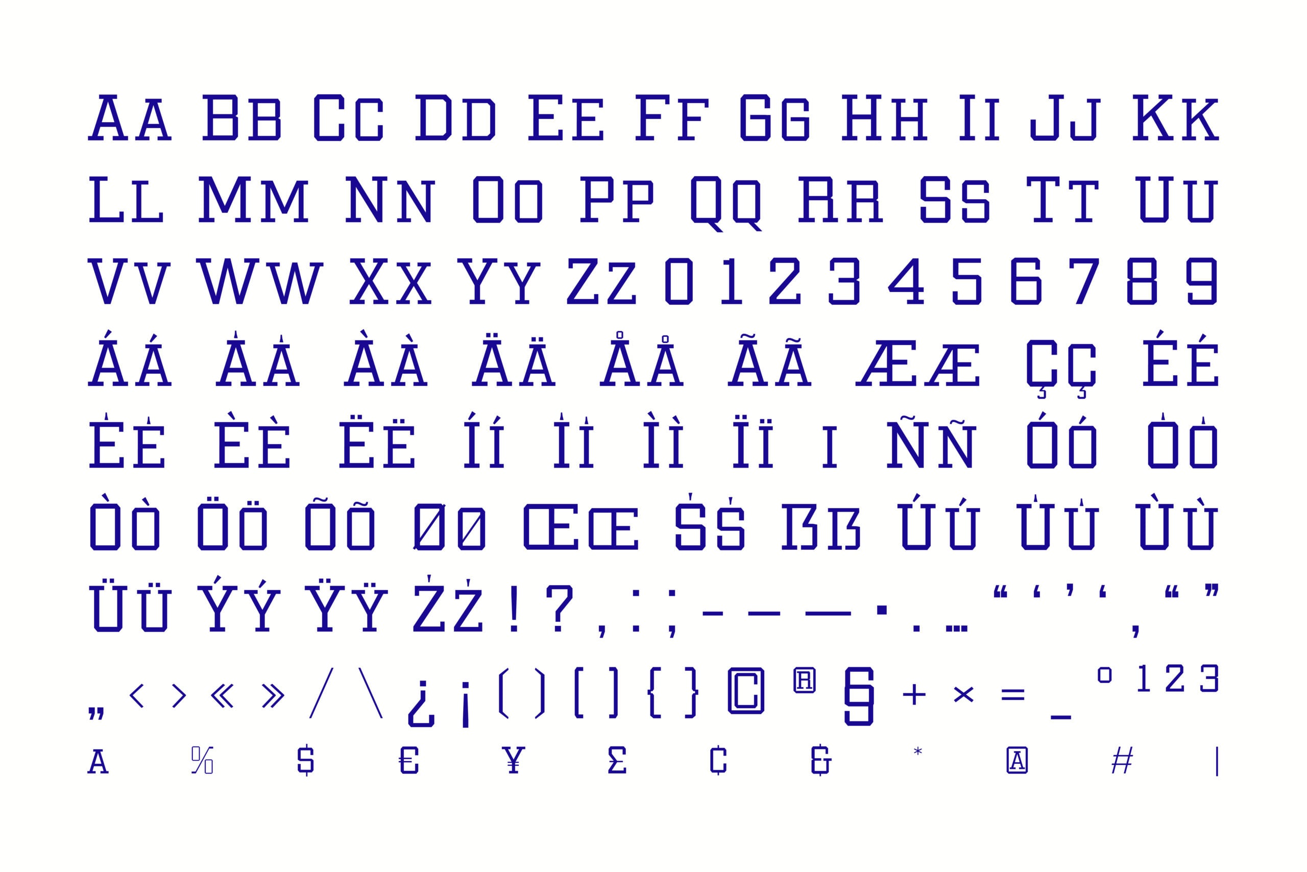 Bold geometric sans serif typeface with full character set including accents, numbers, symbols in deep blue
