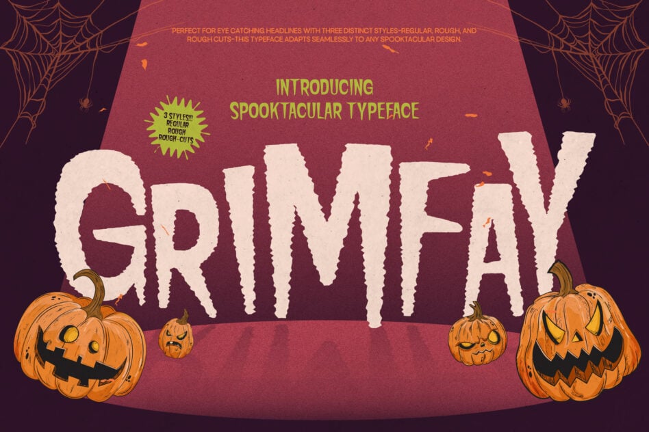 Spooktacular typeface with three style variations showing ragged, rough, regular cuts on burgundy background with jack o lanterns plus spider webs