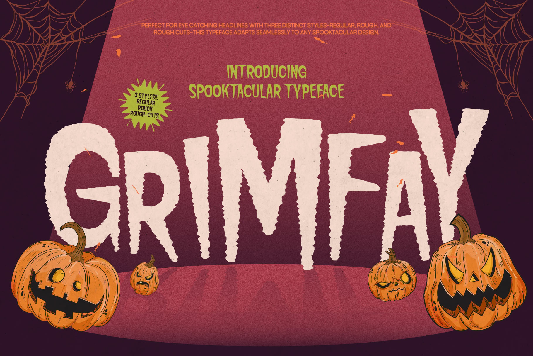 Spooktacular typeface with three style variations showing ragged, rough, regular cuts on burgundy background with jack o lanterns plus spider webs