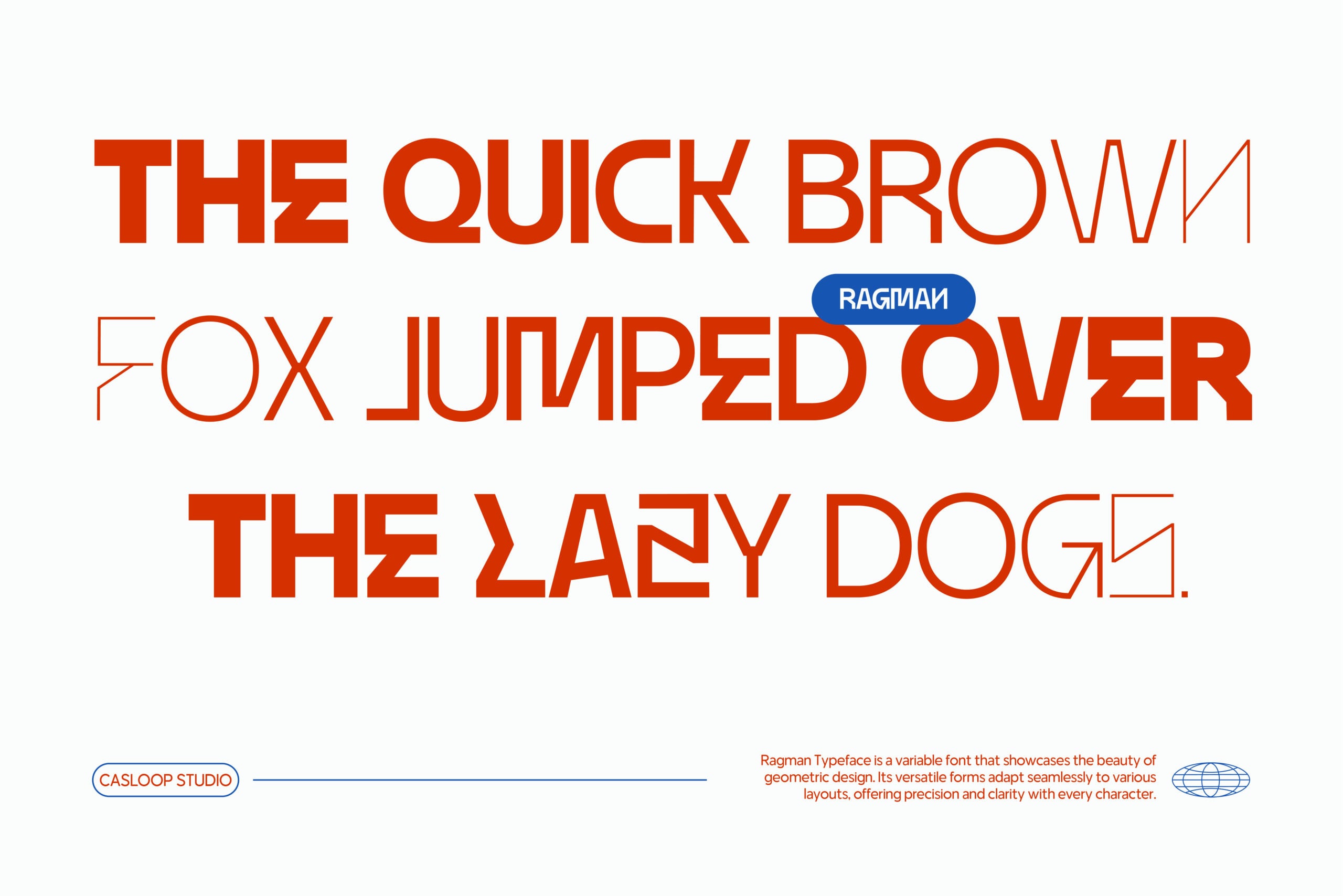 Ragman typeface specimen showing bold red geometric letterforms with classic fable text layout