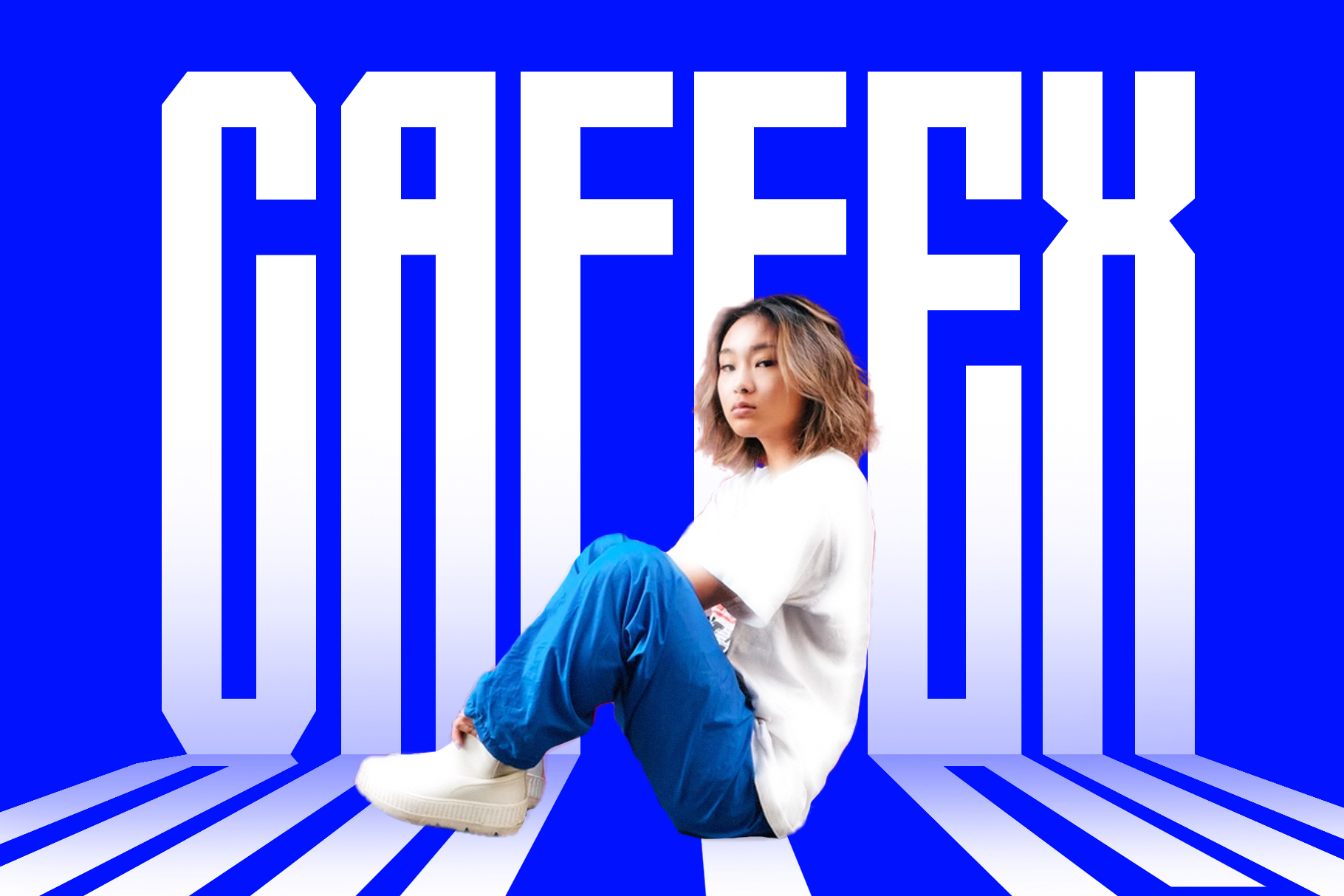 Woman sitting in striped 3D typography environment with bold blue, white, vibrant aesthetic