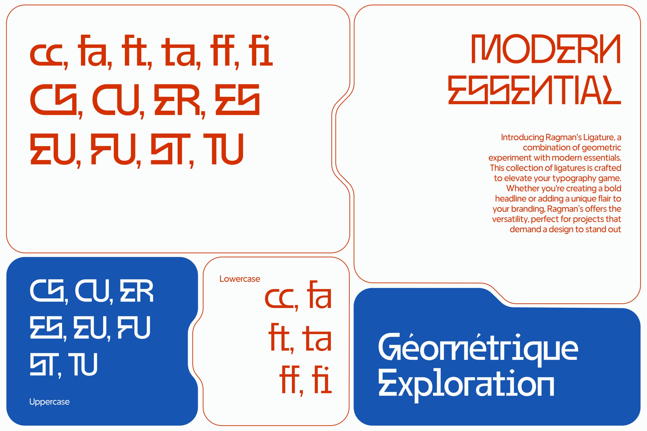 Ragman's Ligature font specimen showing geometric letterforms with multilingual character support