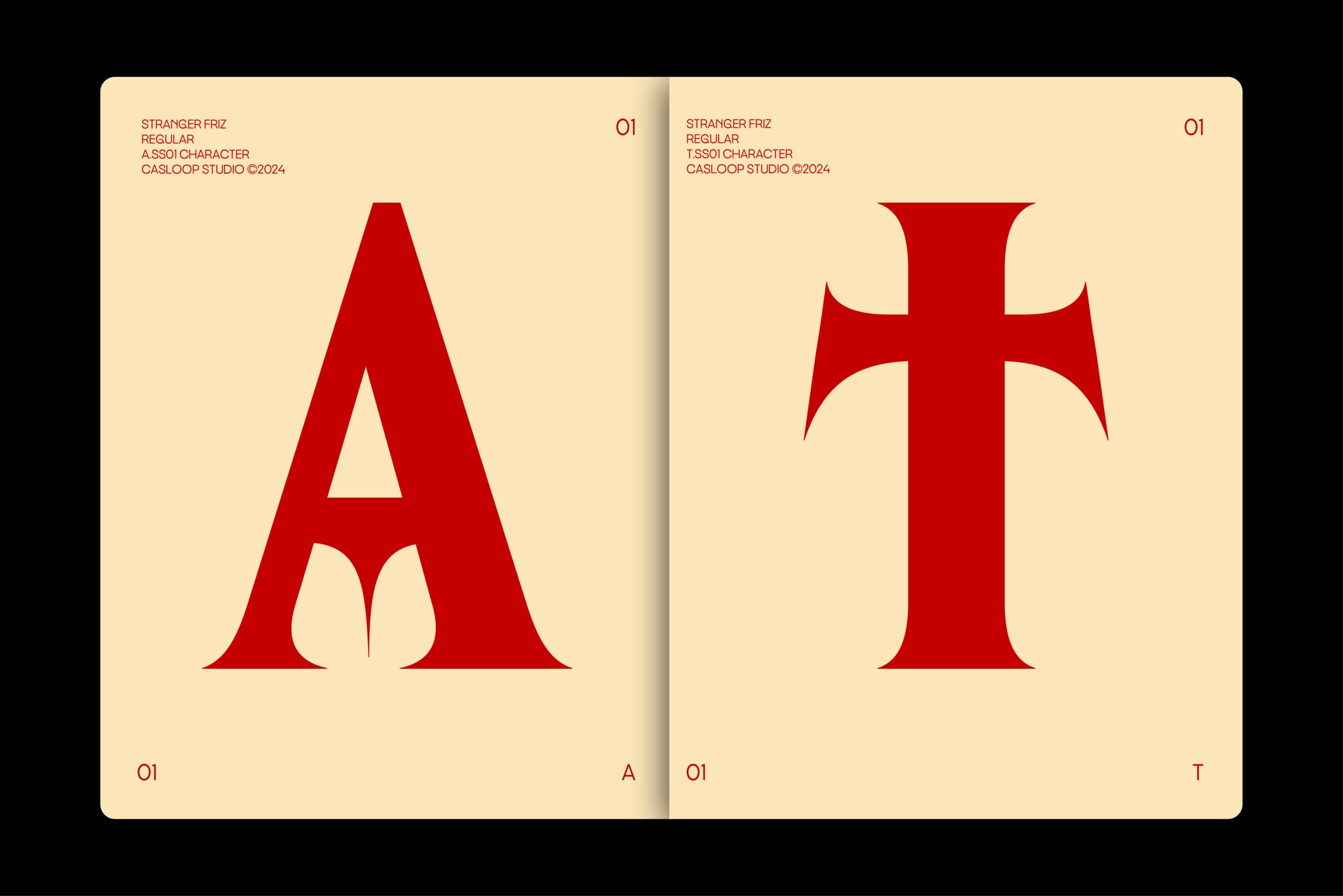 Stranger Friz typeface specimen showing bold red A plus T letters on cream background