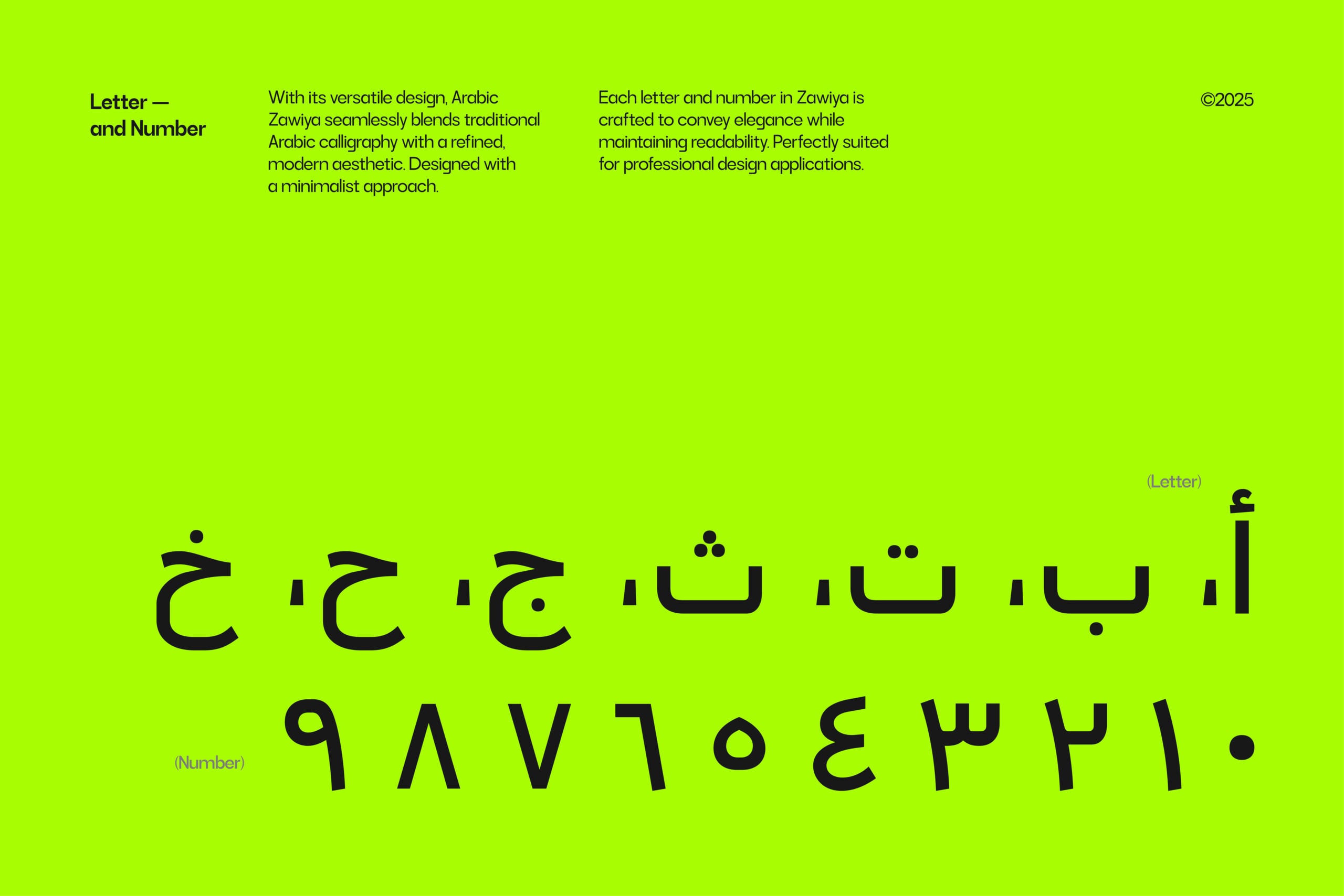 Zawiya Arabic font displaying letters, numbers, diacritics on bright lime background with typography details
