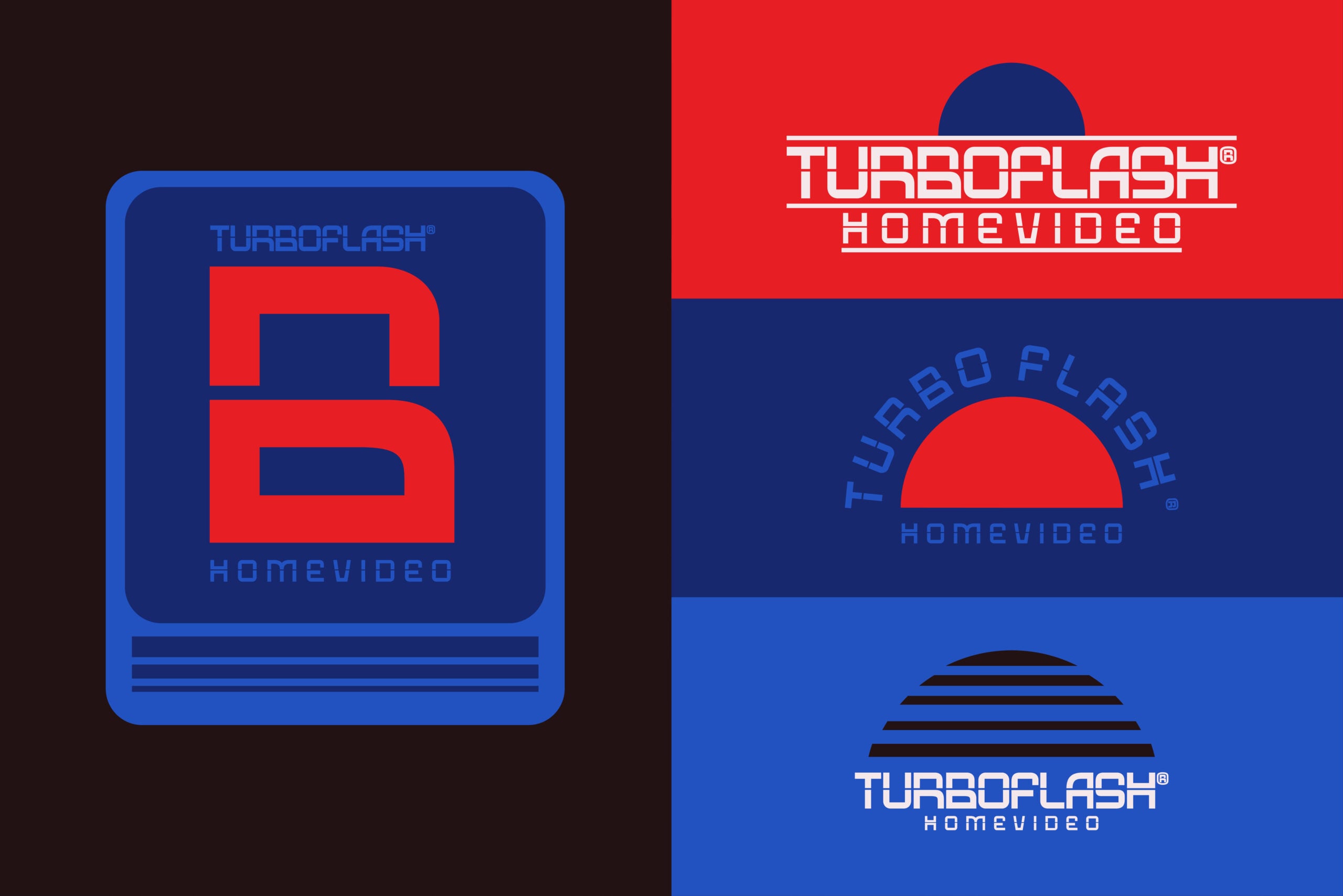 Turboflash Homevideo retro VHS box designs with bold red, blue geometric branding from the 80s