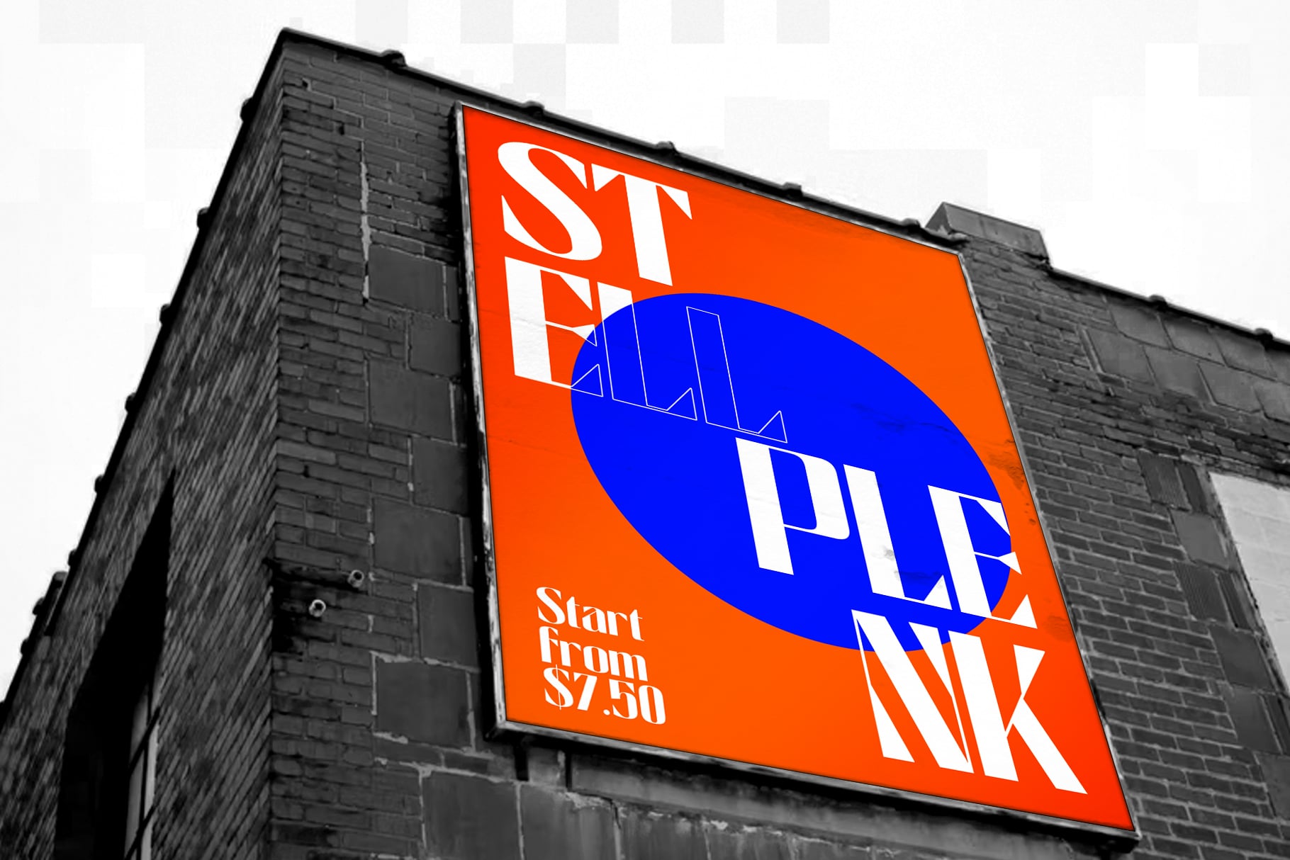 Bright orange billboard on brick building with bold blue circle, white typography, price tag, vibrant urban advertisement mockup