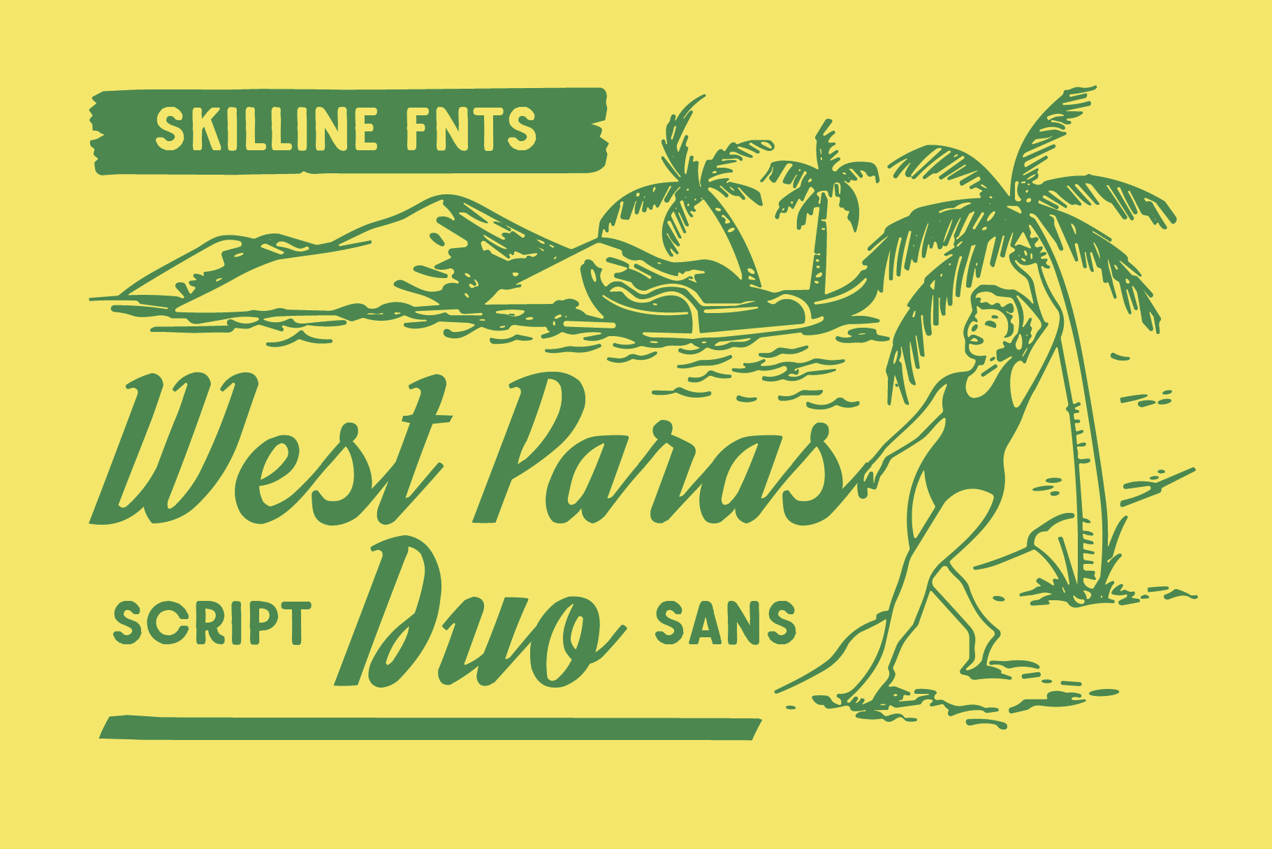 Retro beach scene with teal script font, palm trees, mountains, surfer girl on yellow background