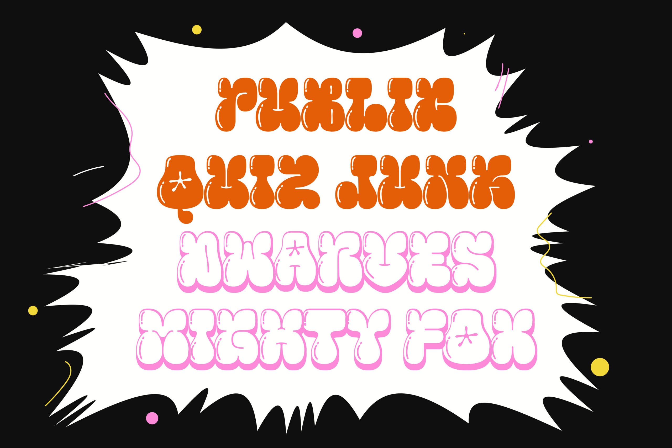 Groovy retro bubble font display in orange, pink with jagged comic burst frame on black