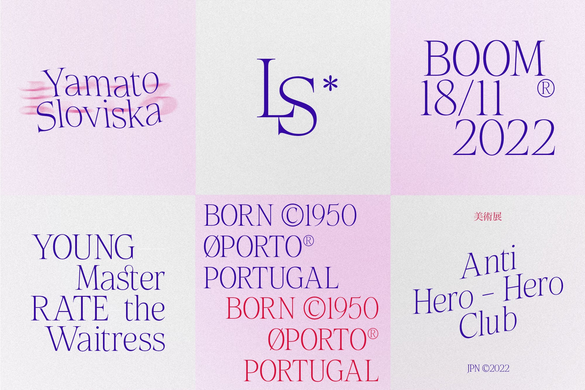 Elegant serif font showcase with blue purple text on soft pink, cream, lavender backgrounds displaying various typeface names, dates, locations