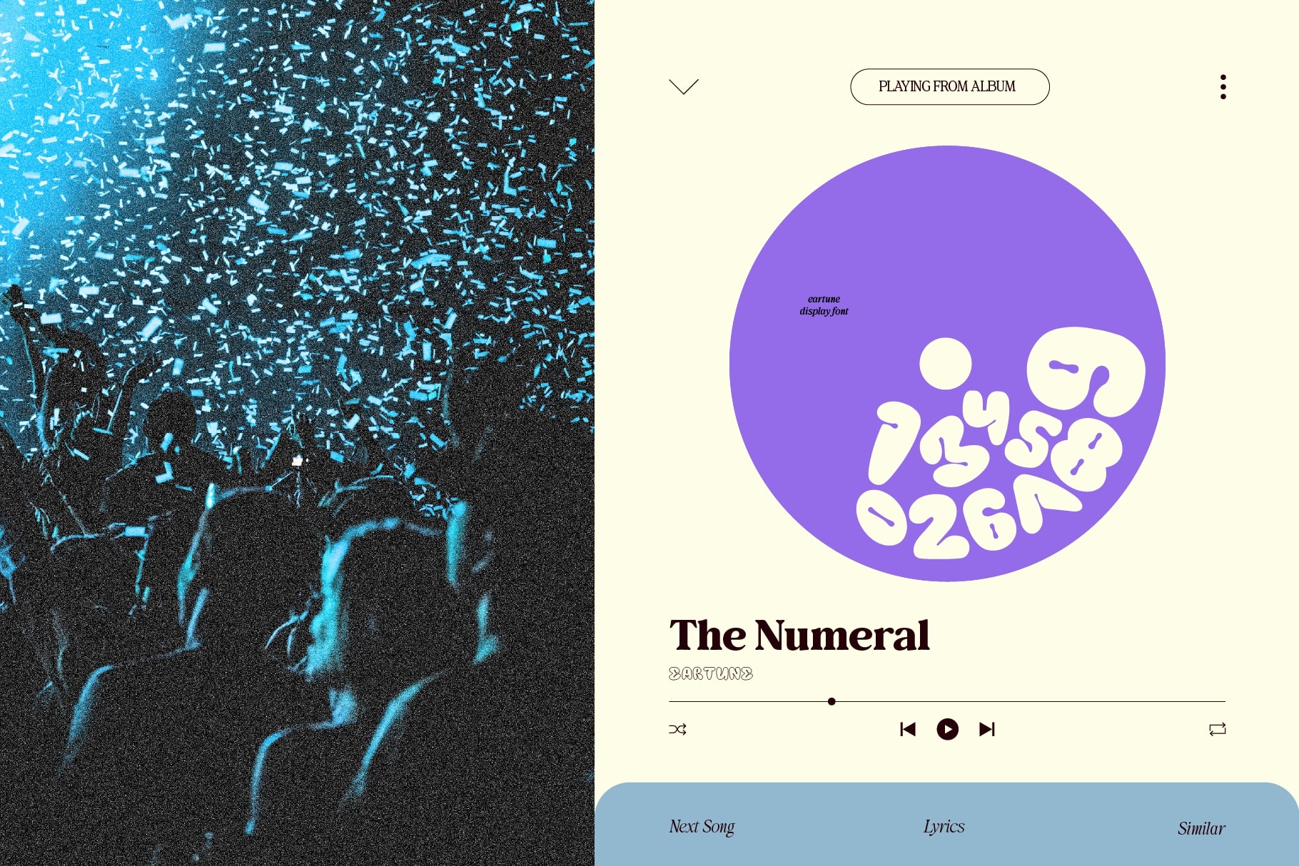 Music player mockup with purple vinyl record design on cream background, split with blue glitch texture on left side