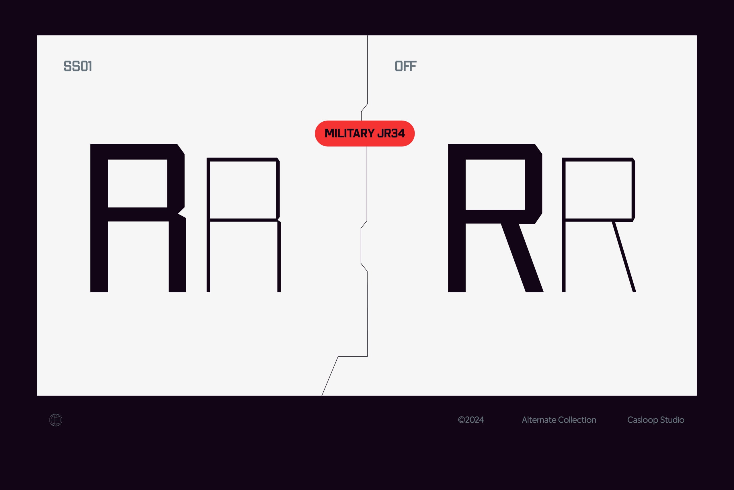 Military JR34 font showing on/off toggle with geometric letterforms