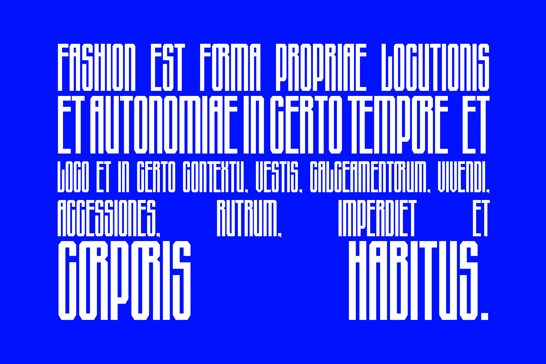 Bold condensed typeface with vertical striped texture on electric blue background