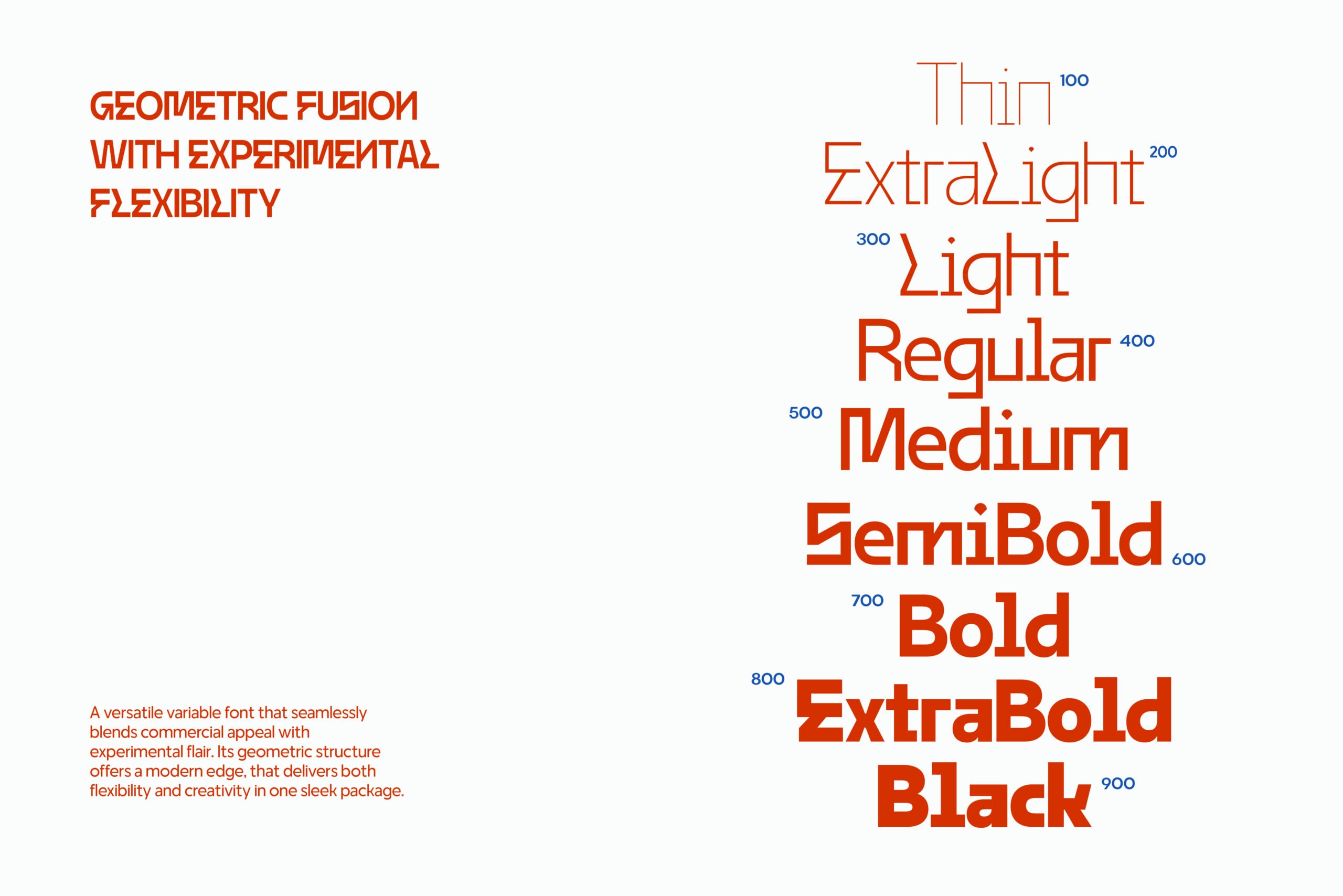 Modern geometric sans serif font with nine weight variations from thin to black
