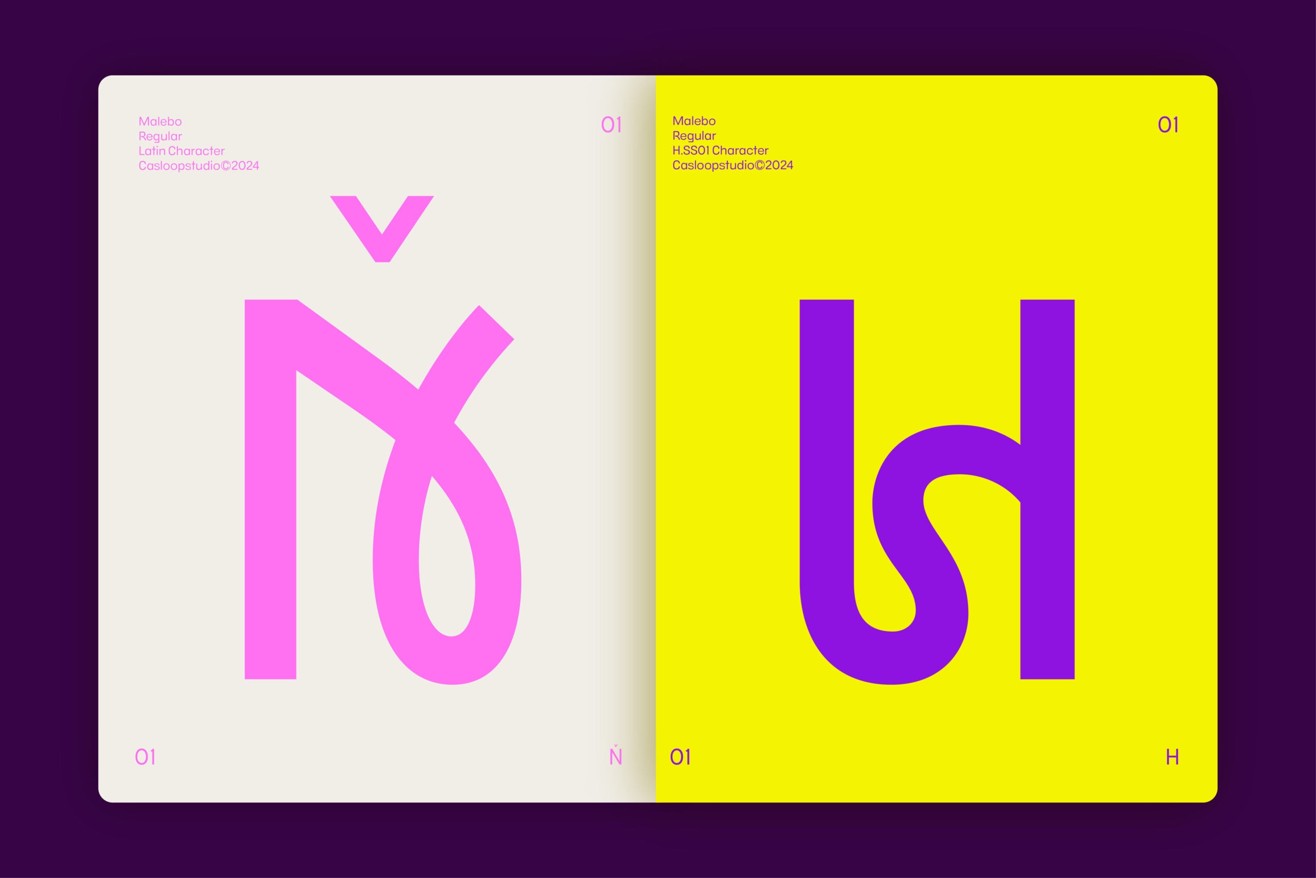 Malebo font specimen showing bold pink letters on cream background, vibrant yellow panel with purple characters