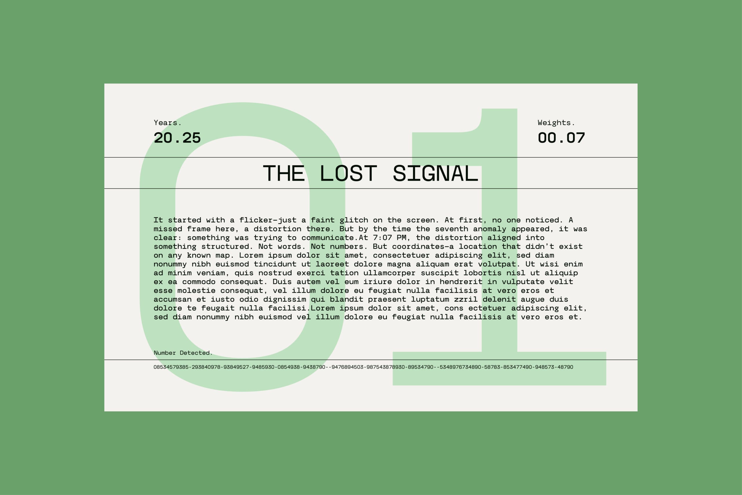 Sci-fi poster mockup with glitchy green shapes, monospace text, mysterious data strings on cream background
