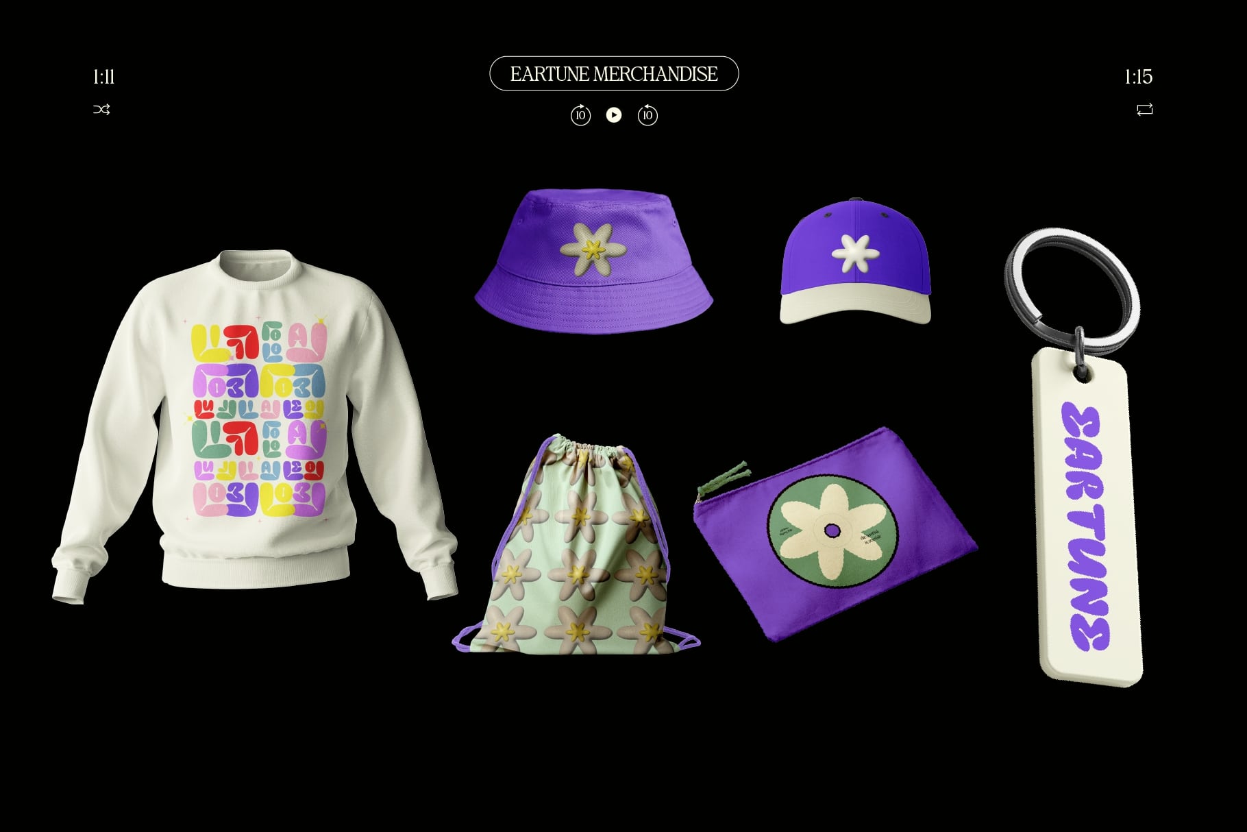 Vibrant merch mockup set with purple bucket hat, sweatshirt, drawstring bag, keychain