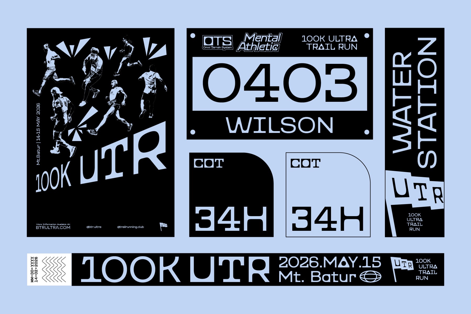 Race bib mockup set for 100K ultra trail run event with bold typography layouts