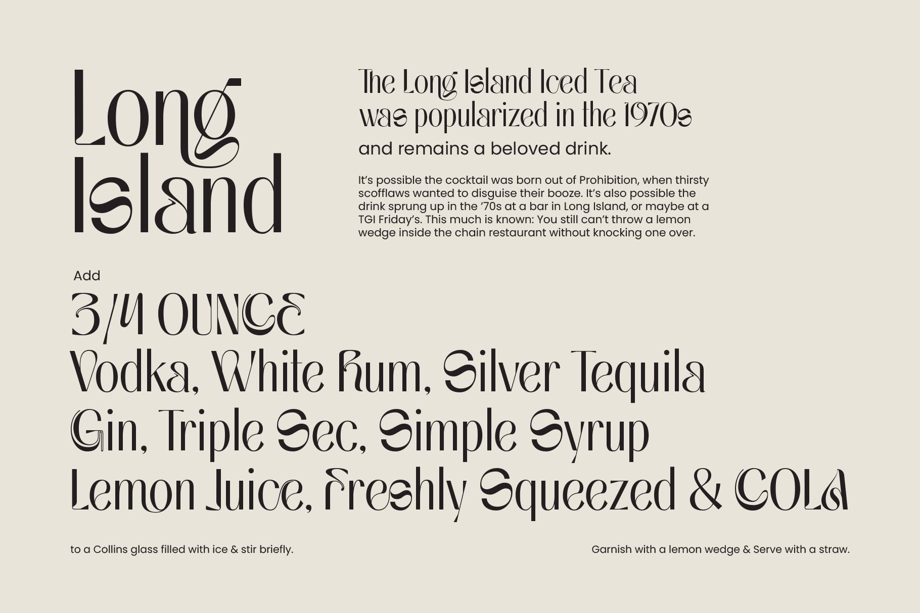 Long Island Iced Tea cocktail recipe card with vintage typography on cream background