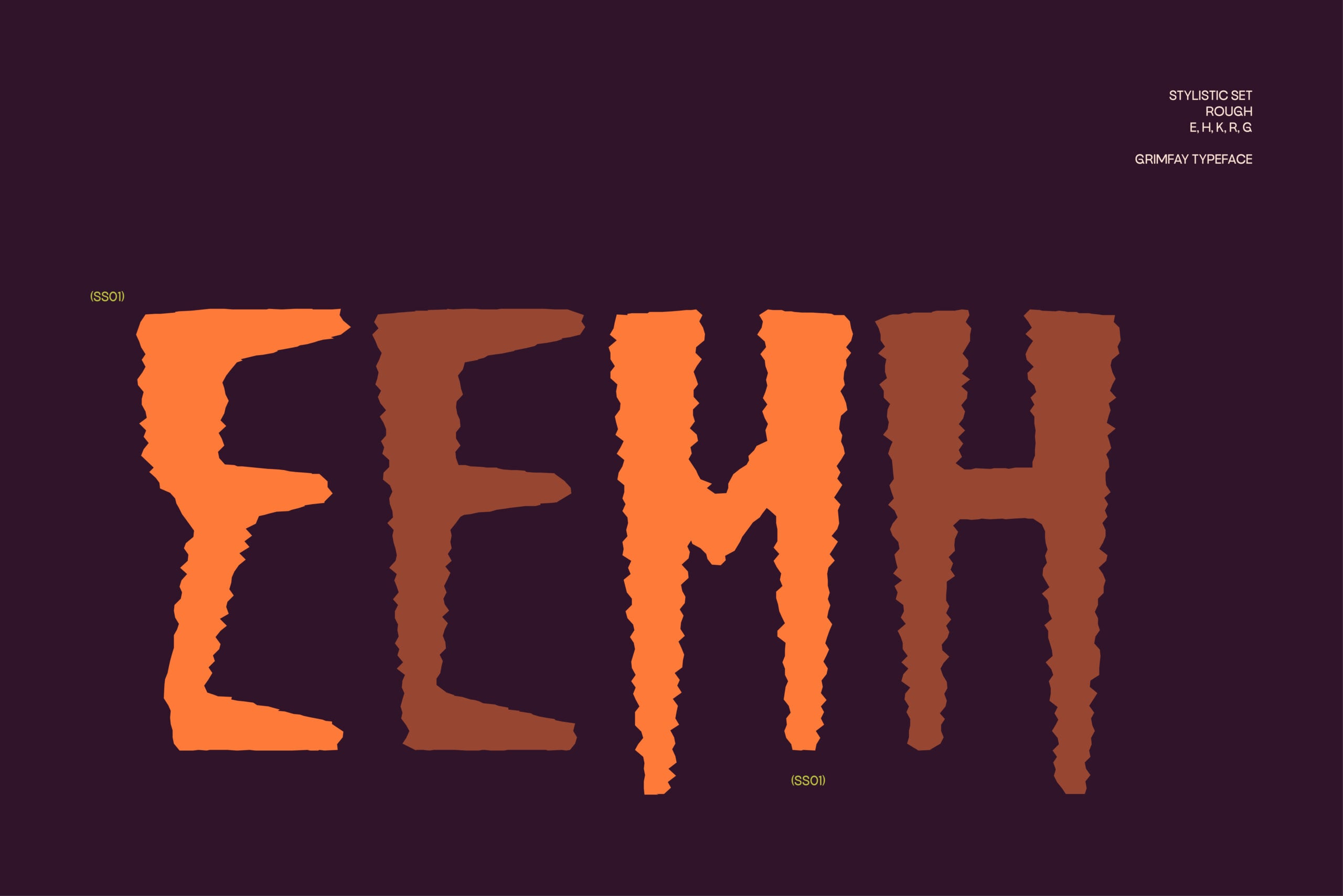 Grimfay typeface rough stylistic set showing jagged letter forms in orange, brown, deep purple background