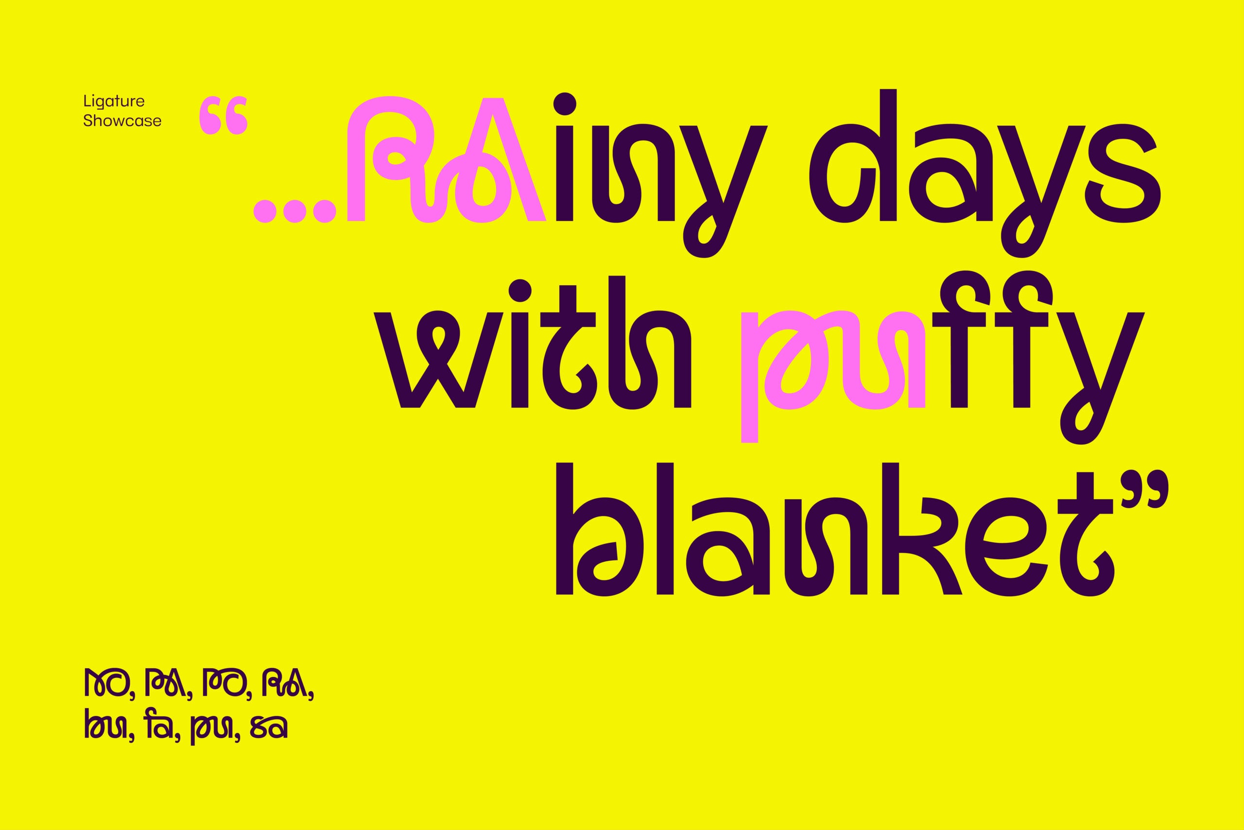 Ligature Showcase font display with magenta, purple, navy letters on bright yellow background