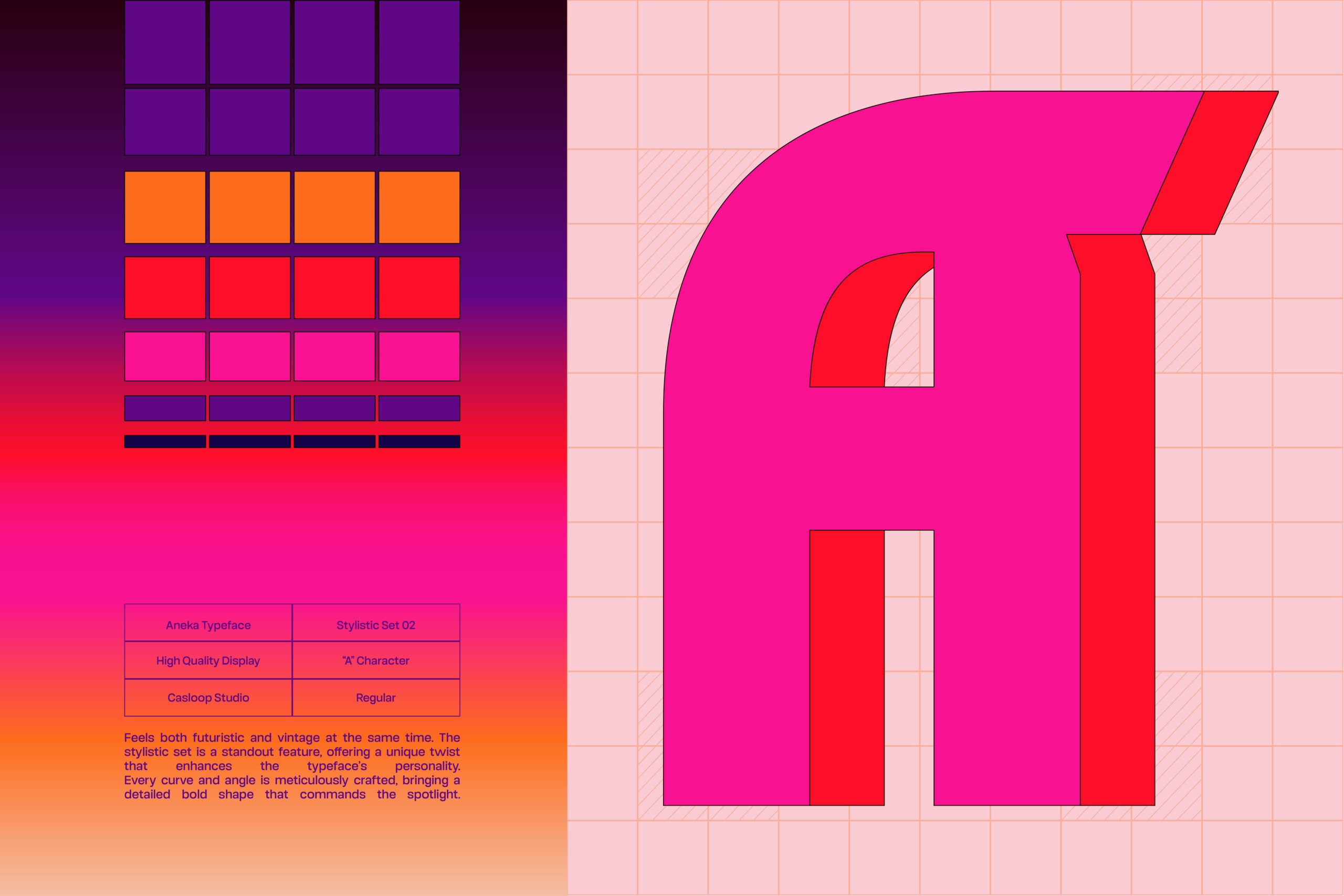Aneka Typeface stylistic set displayed in bold magenta with color palette swatches