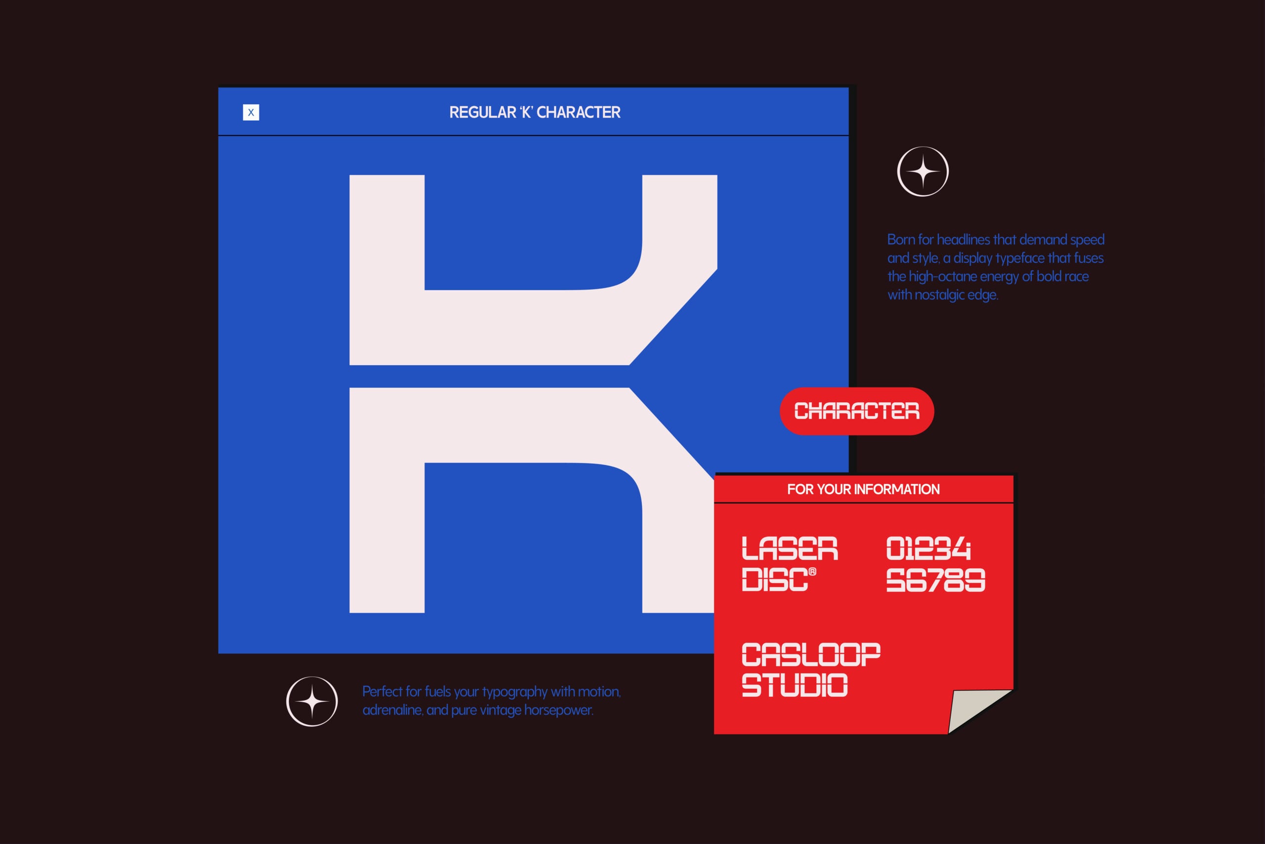 Display typeface specimen showing bold geometric letterforms on vibrant blue background with retro badge details