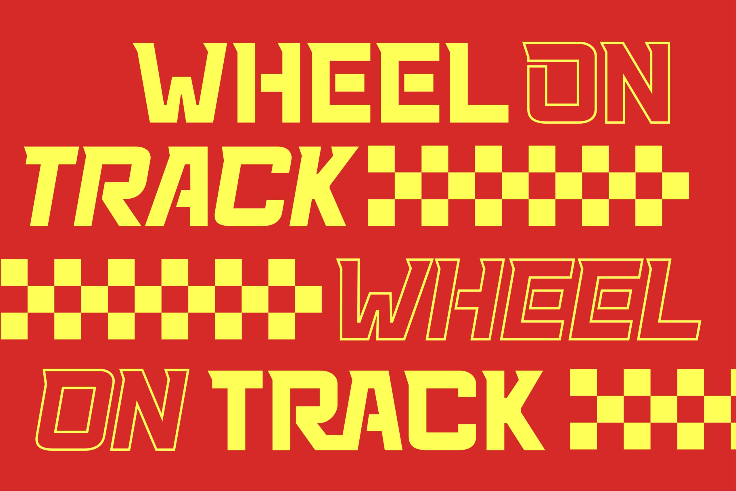 Retro racing poster with bold yellow type on red background, checkerboard pattern details