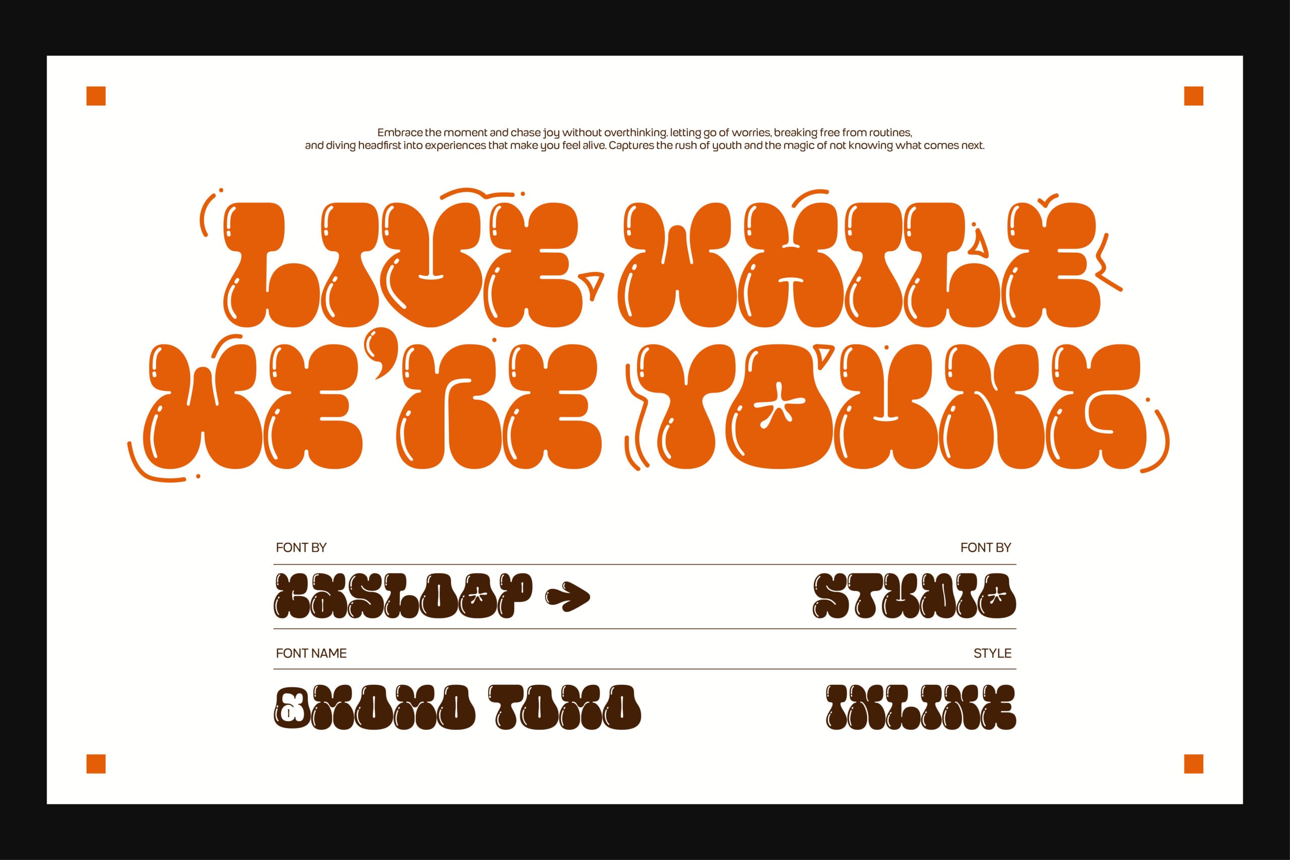 Vibrant orange bubbly typeface displaying playful text with brown retro font credits below