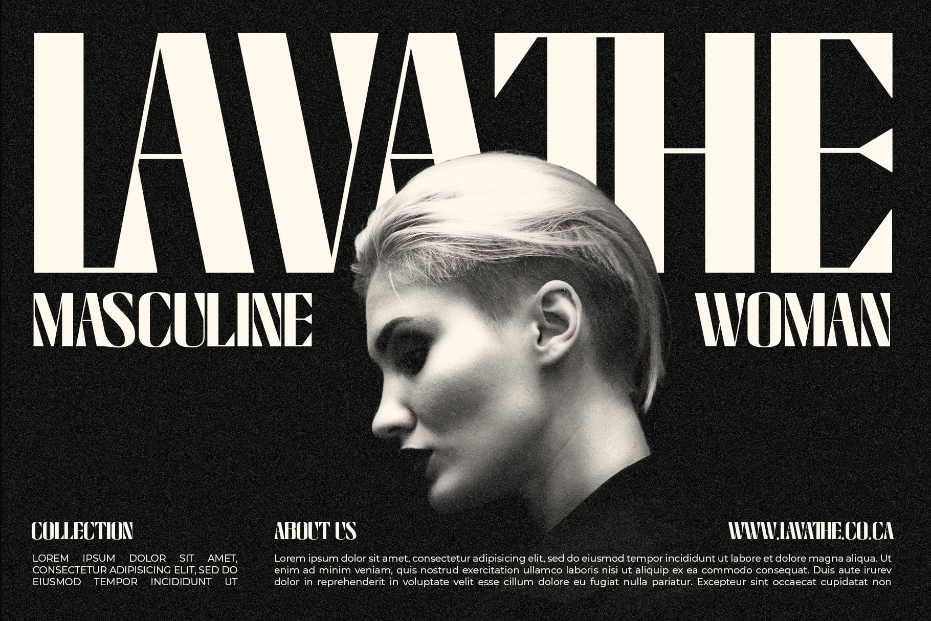Bold magazine cover mockup with oversized serif typography, black white palette, side profile portrait