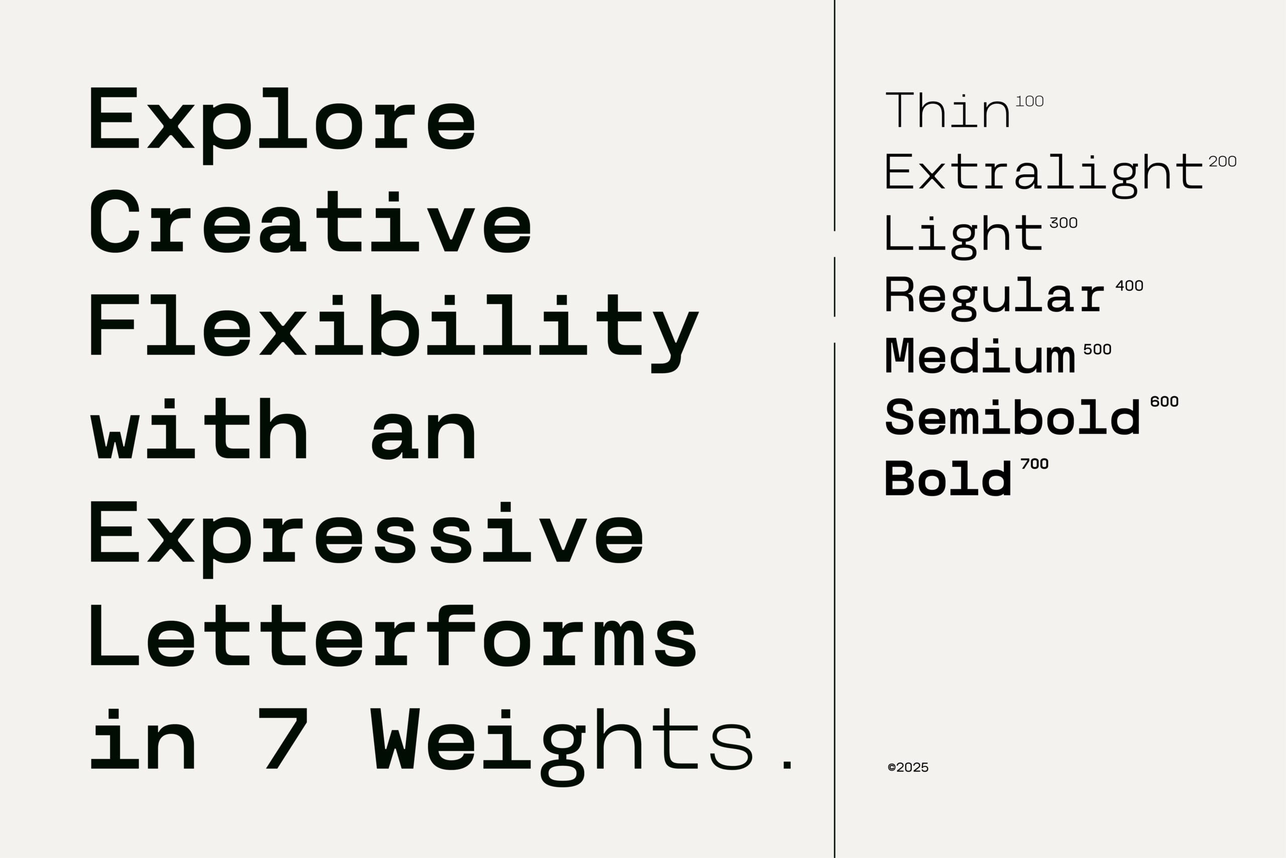 Monospace font showing 7 weights from thin to bold with weight numbers displayed