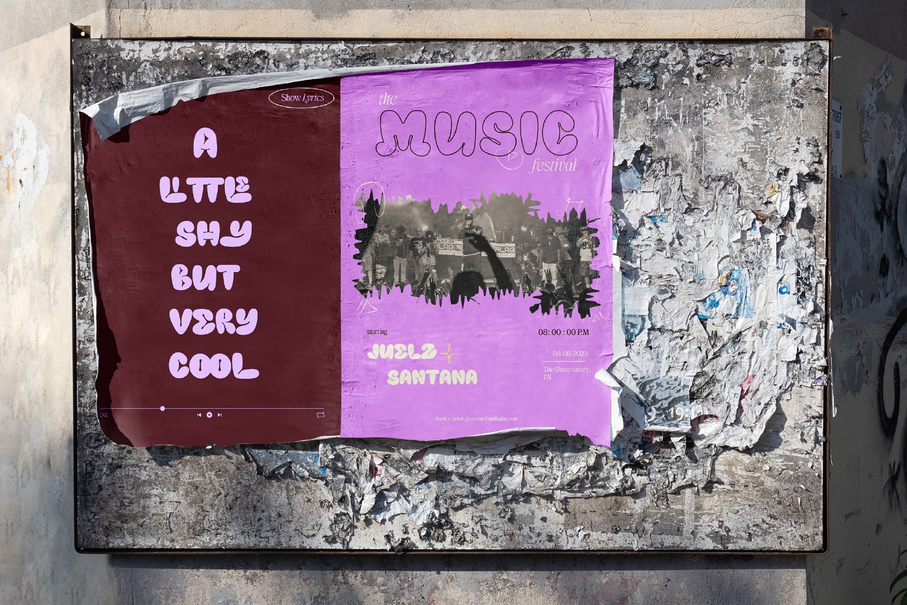 Neon pink music festival posters stuck on grungy concrete wall with peeling paint
