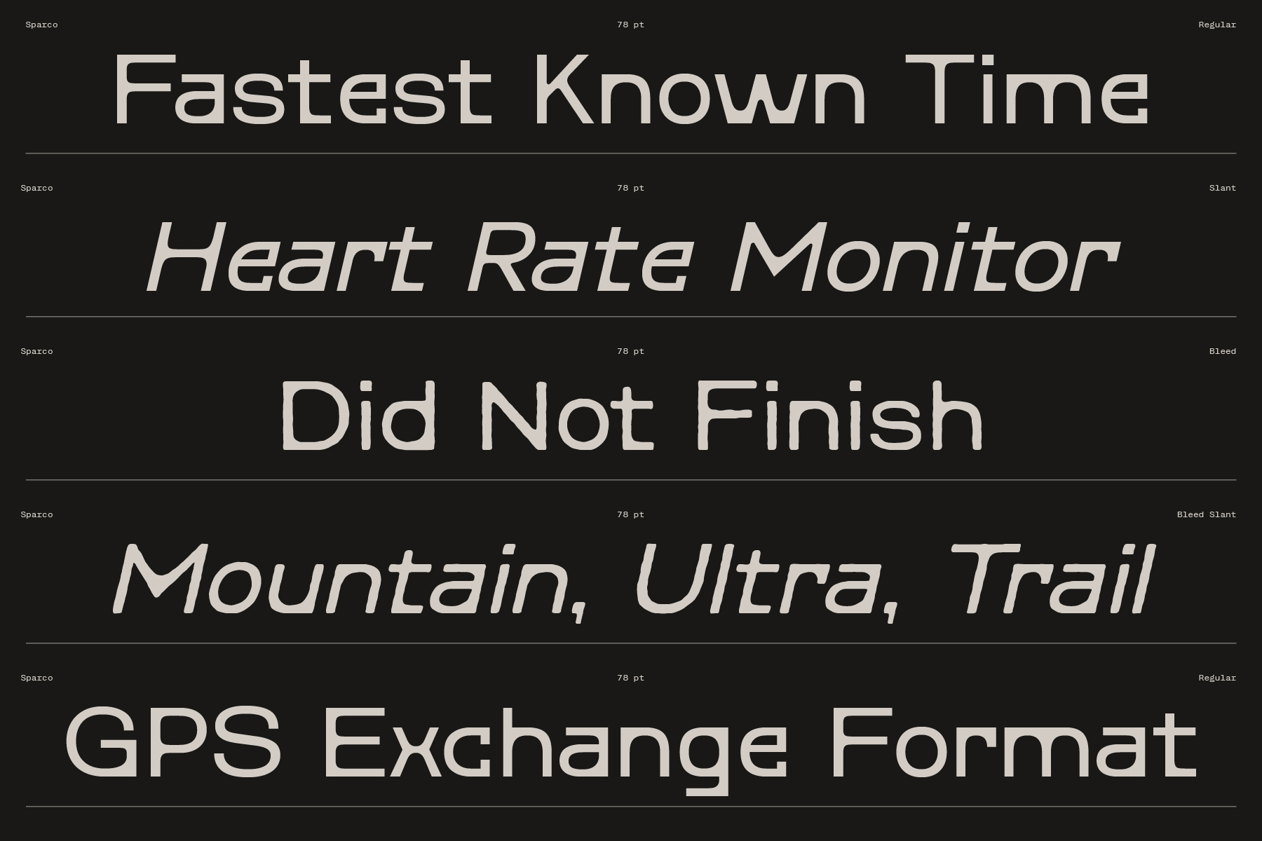 Spaceo font family showing regular, slant, bleed, plus bleed slant weights on black background