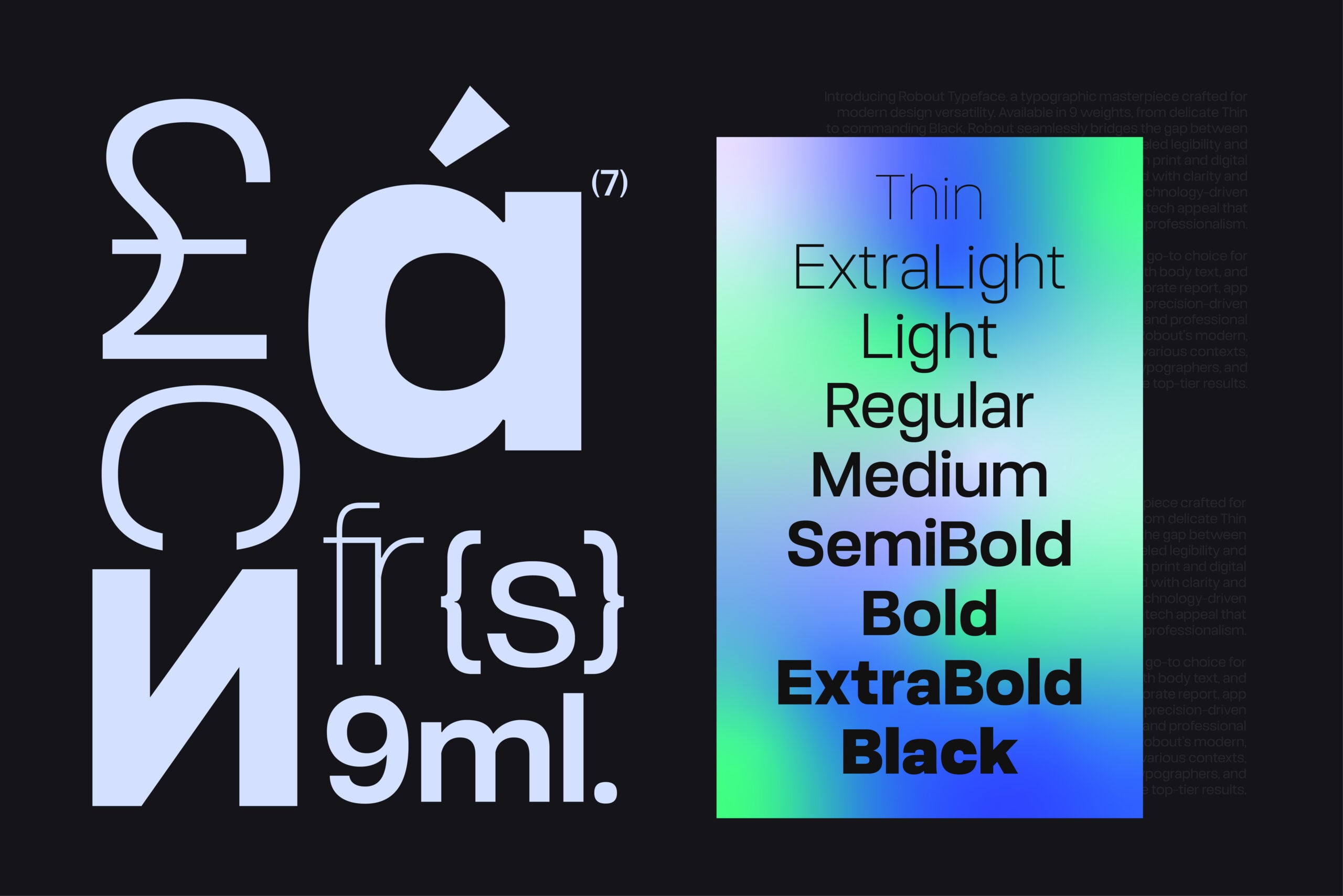 Ropbert Typeface font family showing 9 weights from Thin to Black on gradient background