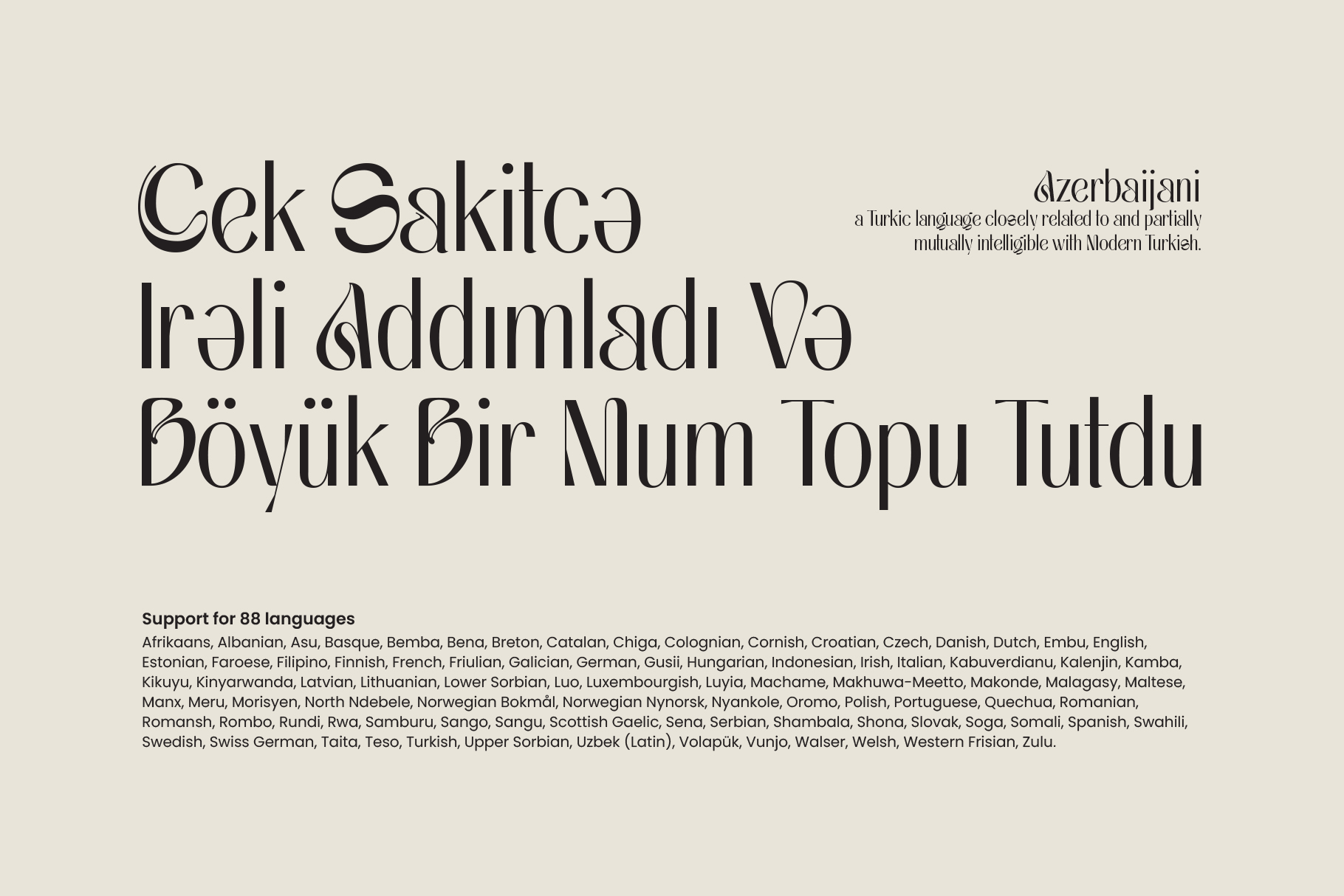 Elegant serif font displaying Azerbaijani text with language support info below
