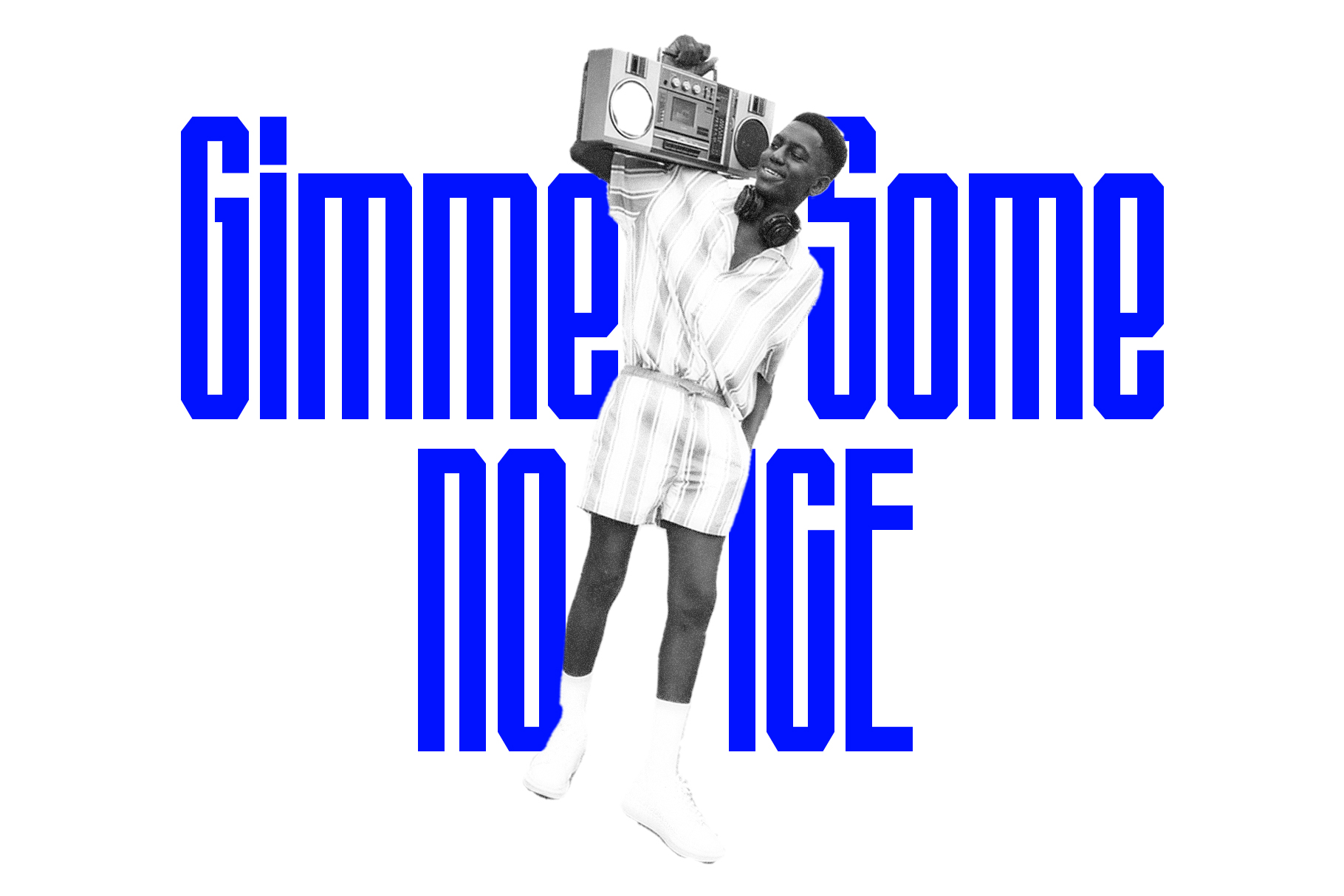 Retro Black woman holding boombox with bold blue typography overlay, 90s vibe
