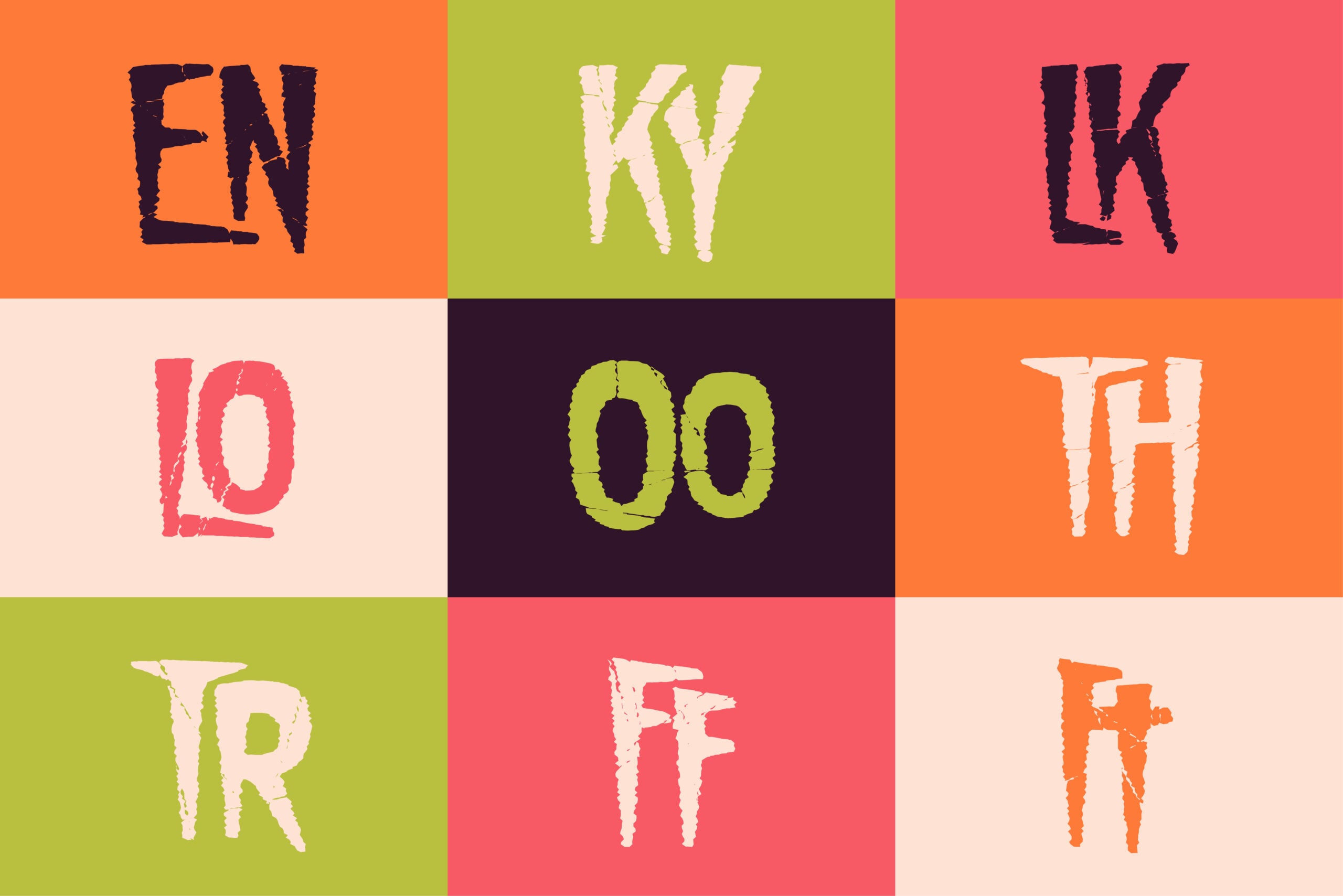 Colorful grid of distressed letter tiles in orange, lime, pink with rough textured typography