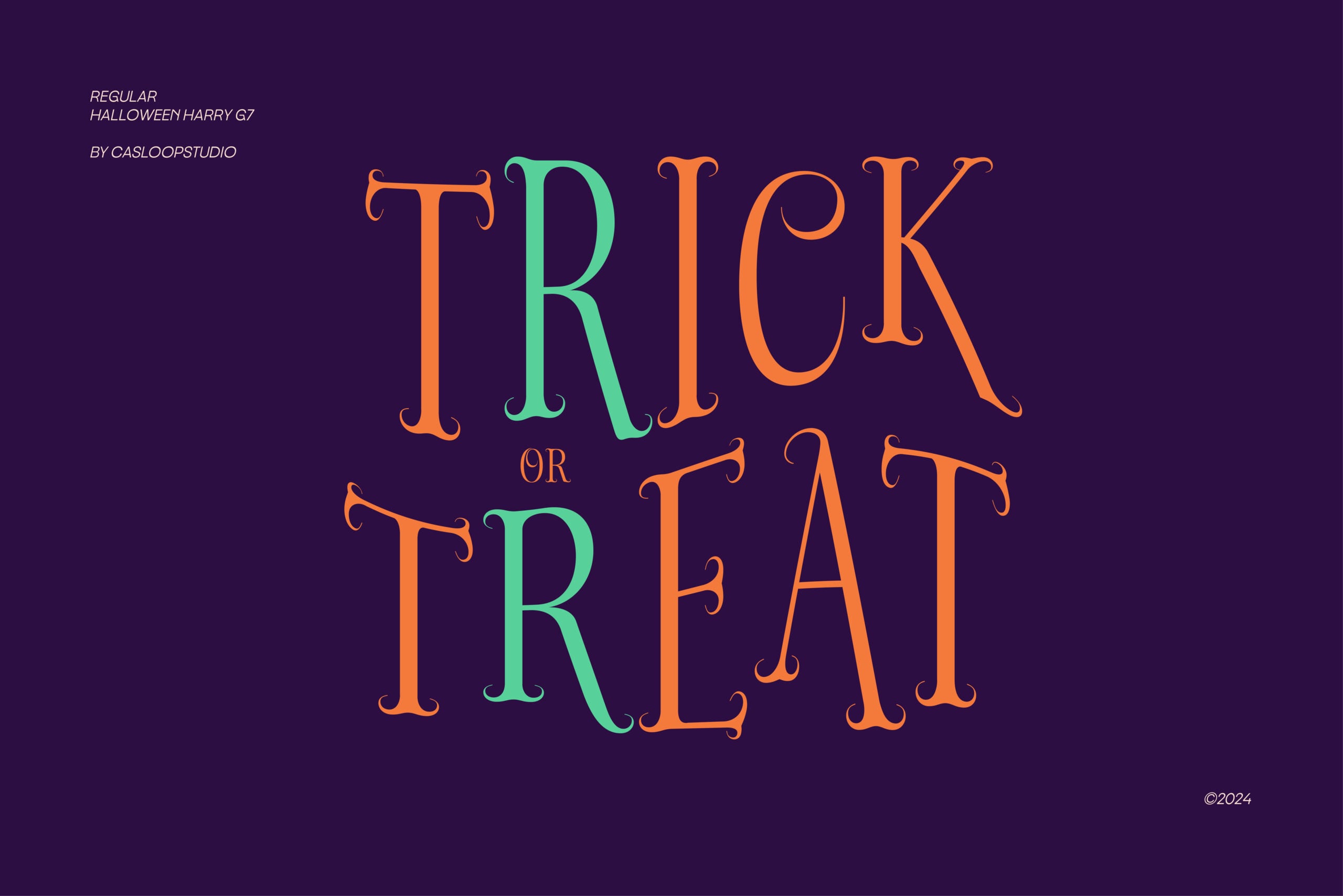 Spooky serif font with orange, green, mint letters spelling "trick or treat" on dark purple