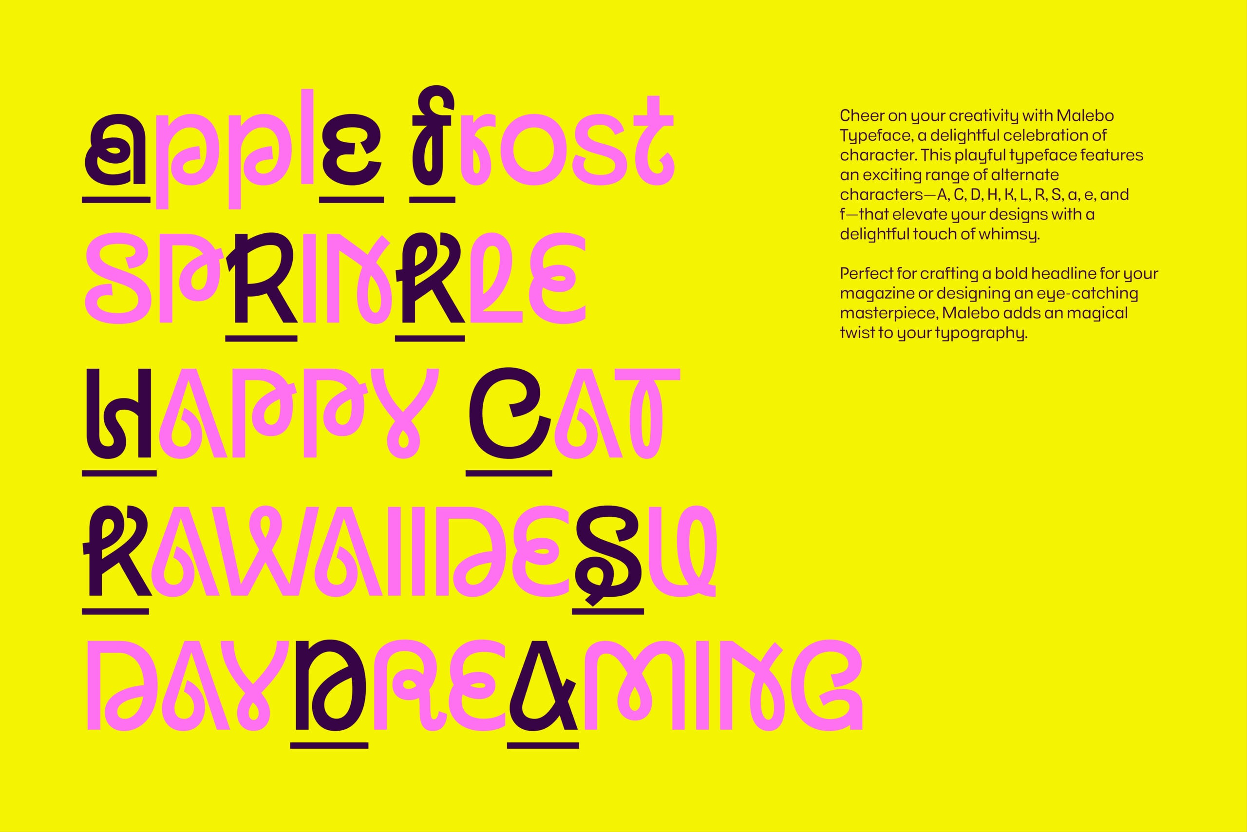 Malebo typeface sample with vibrant magenta, navy, plus yellow letters on neon yellow background