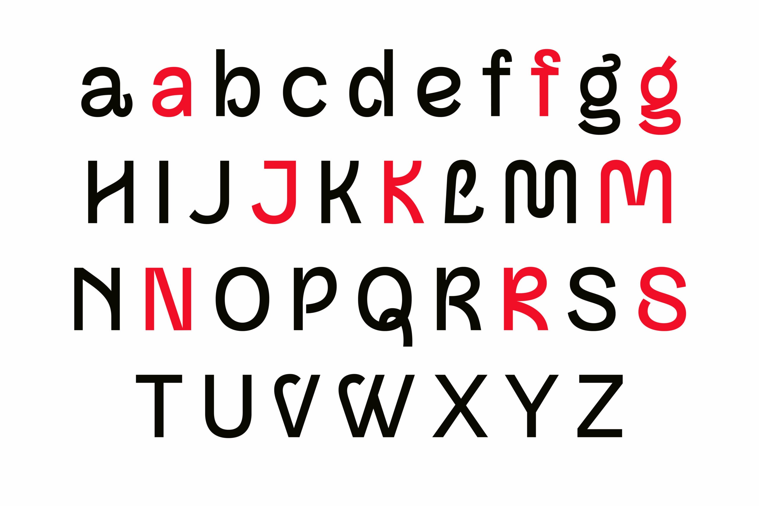 Modern sans serif typeface with red accent letters mixed throughout alphabet
